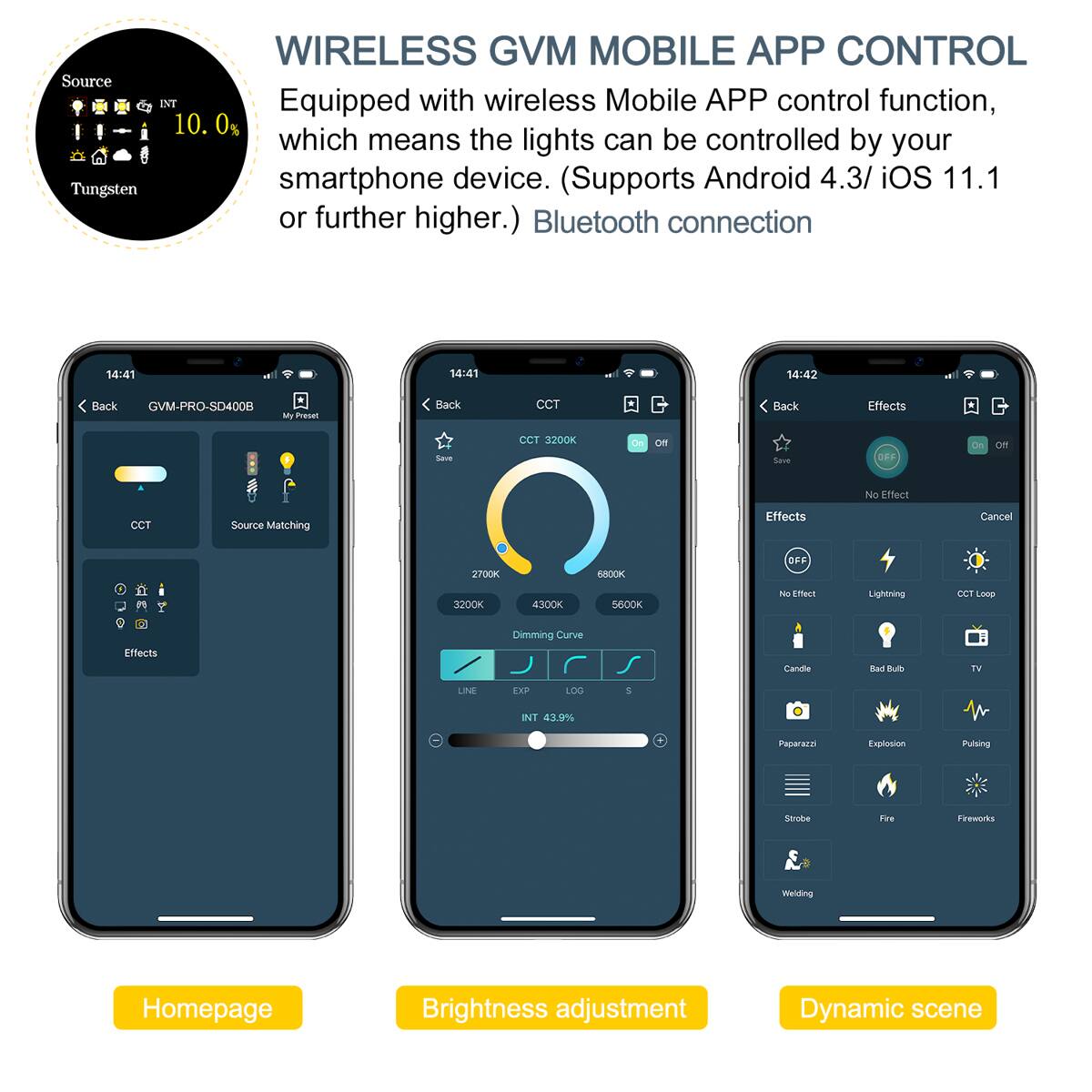 WIRELESS GVM MOBILE APP CONTROL

Equipped with wireless Mobile APP control function, which means the lights can be controlled by your smartphone device. (Supports Android 4.3/ iOS 11.1 or further higher.) Bluetooth connection

- Homepage
- Brightness adjustment
- Dynamic scene