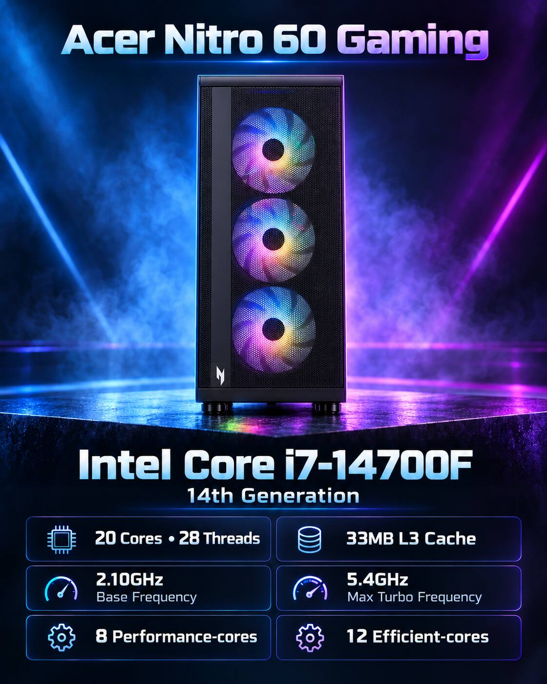 Acer Nitro 60 Gaming

Intel Core i7-14700F 14th Generation

20 Cores 28 Threads

33MB L3 Cache

2.10GHz Base Frequency

5.4GHz Max Turbo Frequency

8 Performance-cores

12 Efficient-cores