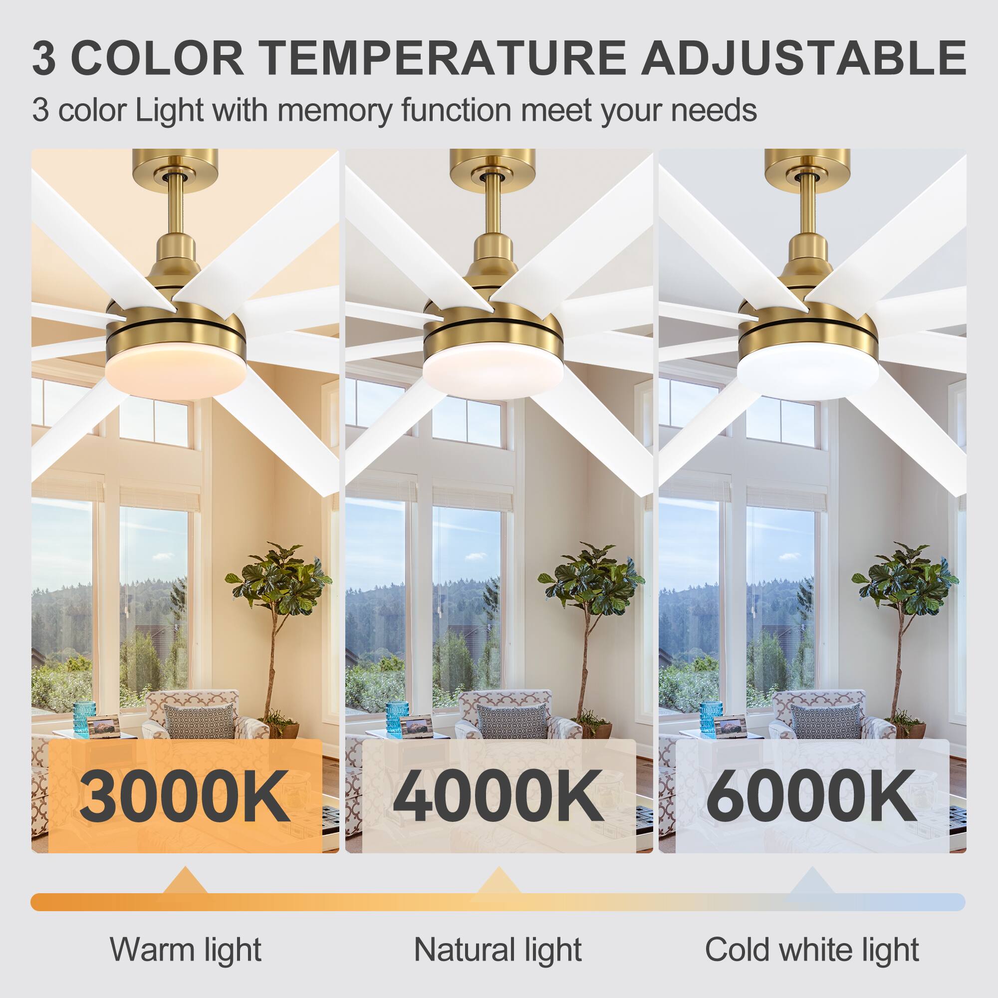 3 COLOR TEMPERATURE ADJUSTABLE  
3 color Light with memory function meet your needs  
3000K Warm light  
4000K Natural light  
6000K Cold white light
