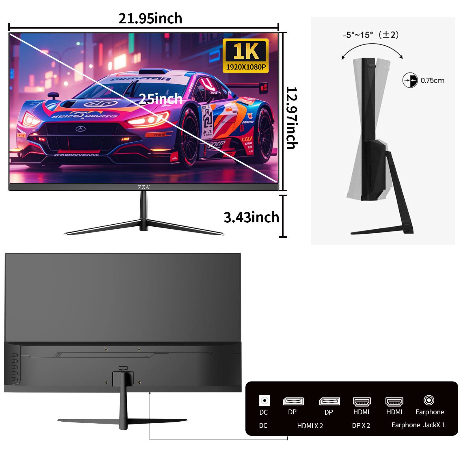 21.95inch 1K 1920X1080P PUIDETAR TVP 4P 25inch 37  DOVERS AMORNIEANN CANDA ZA! EN  PRODUCT   12.97inch 7.7.A' 3.43inch
-5~15 (±2)
0.75cm
.
- 

SHEE
DC DC
DP DP HDMIX2
HDMI DPX2
HDMI Earphone Earphone JackX1