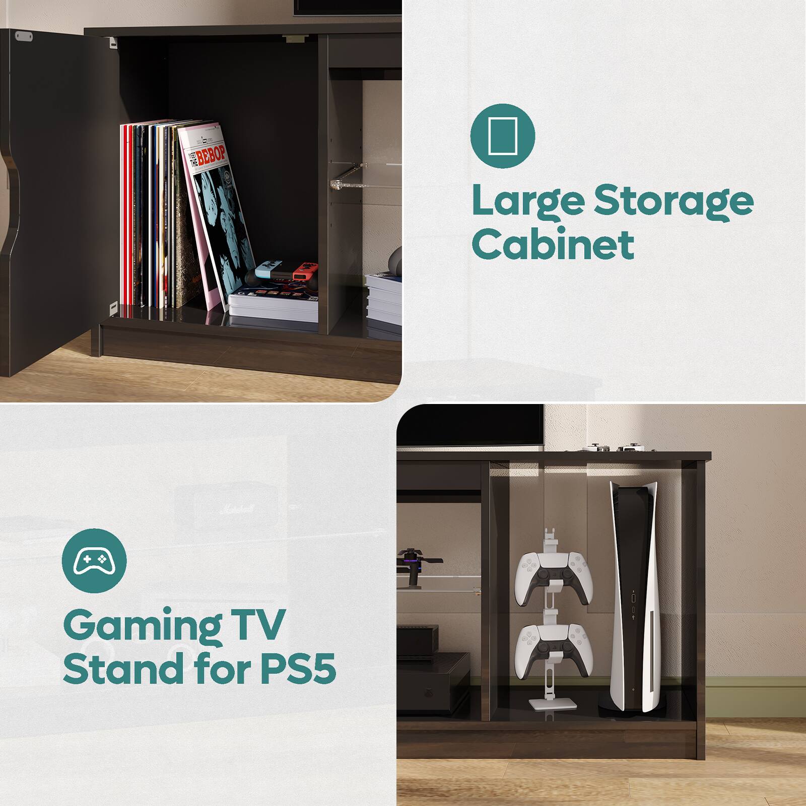 The text on the image reads "Large Storage Cabinet Gaming TV Stand for PS5".