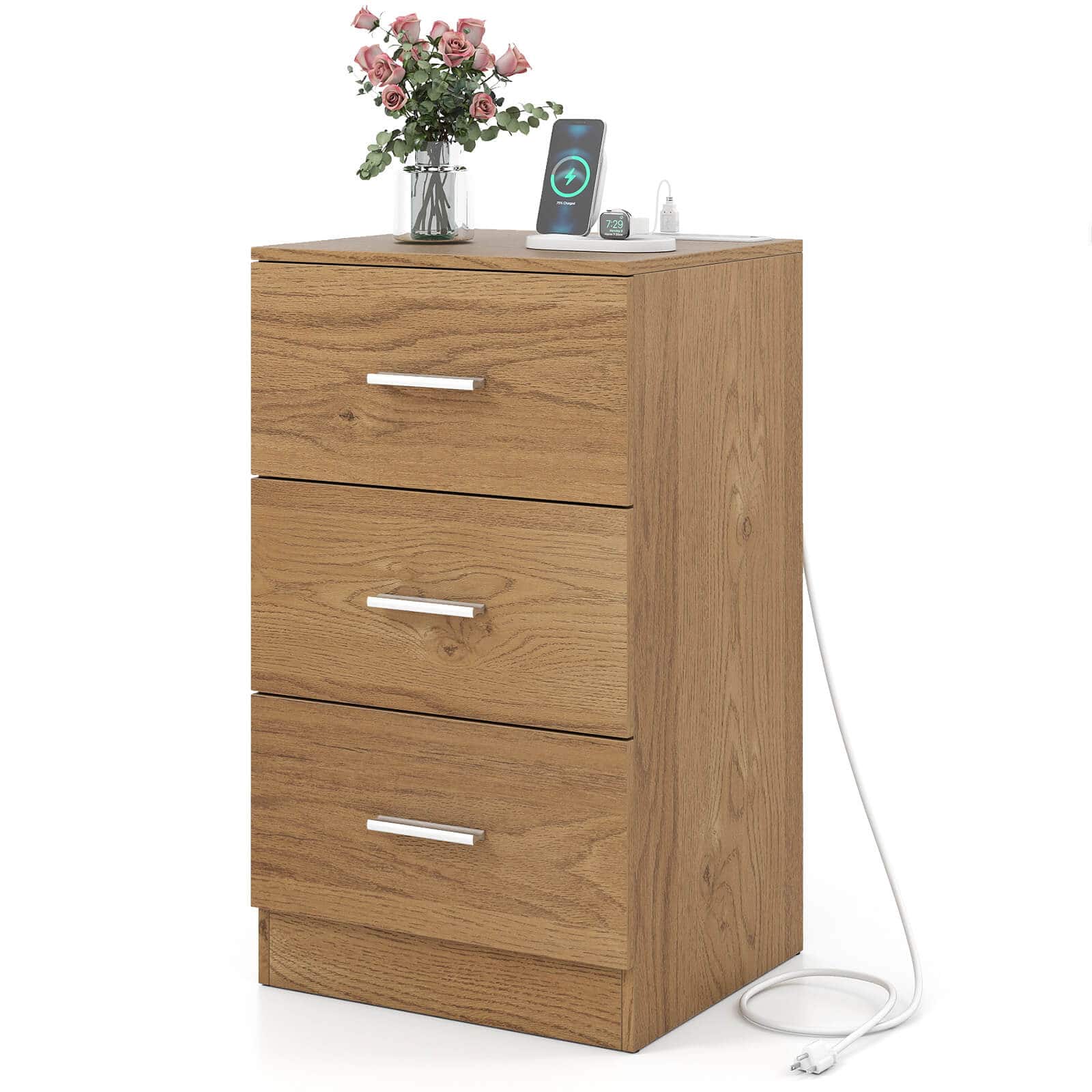 Costway - Nightstand with Charging Station, 3 Storage Drawers, Bedside Table for Bedroom - Natural