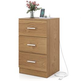 Costway - Nightstand with Charging Station, 3 Storage Drawers, Bedside Table for Bedroom - Natural