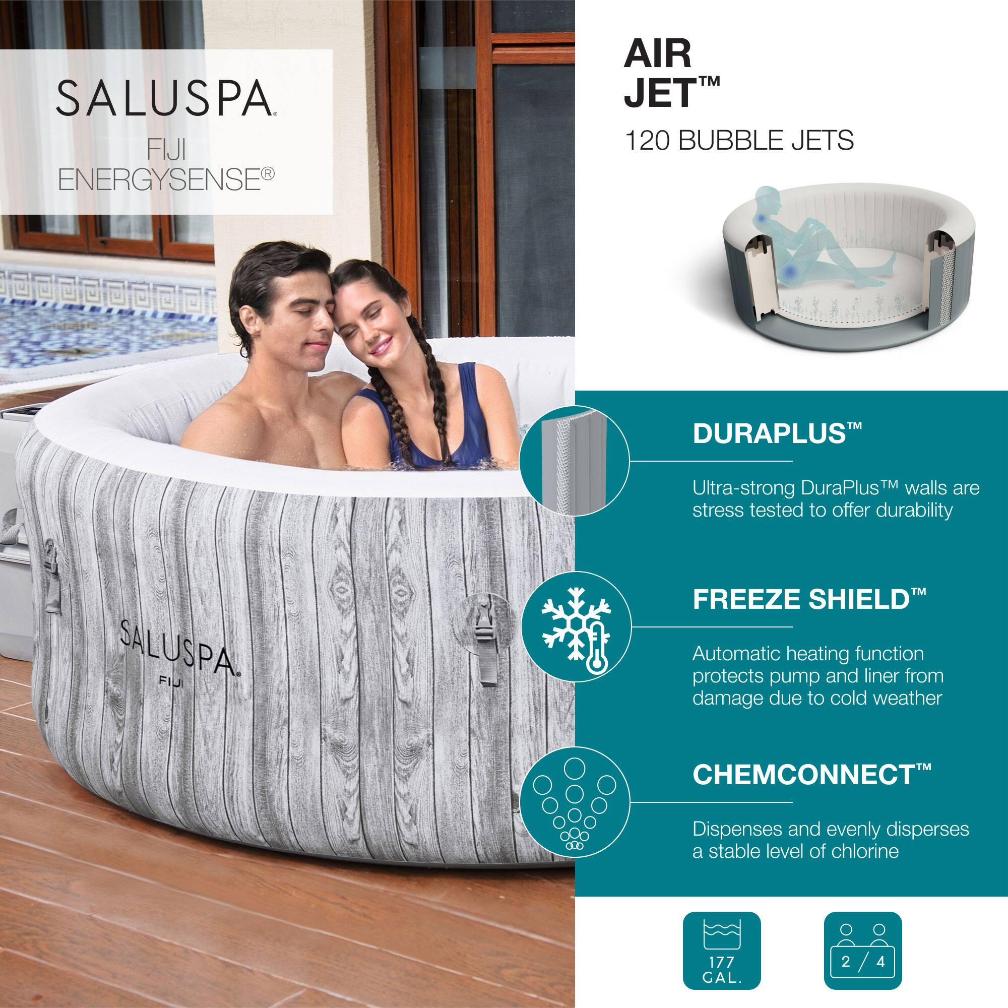 SALUSPA  
FIJI  
ENERGYSENSE®  

AIR JET™  
120 BUBBLE JETS  

DURAPLUS™  
Ultra-strong DuraPlus™ walls are stress tested to offer durability  

FREEZE SHIELD™  
Automatic heating function protects pump and liner from damage due to cold weather  

CHEMCONNECT™  
Dispenses and evenly disperses a stable level of chlorine  

177 GAL.  
2/4