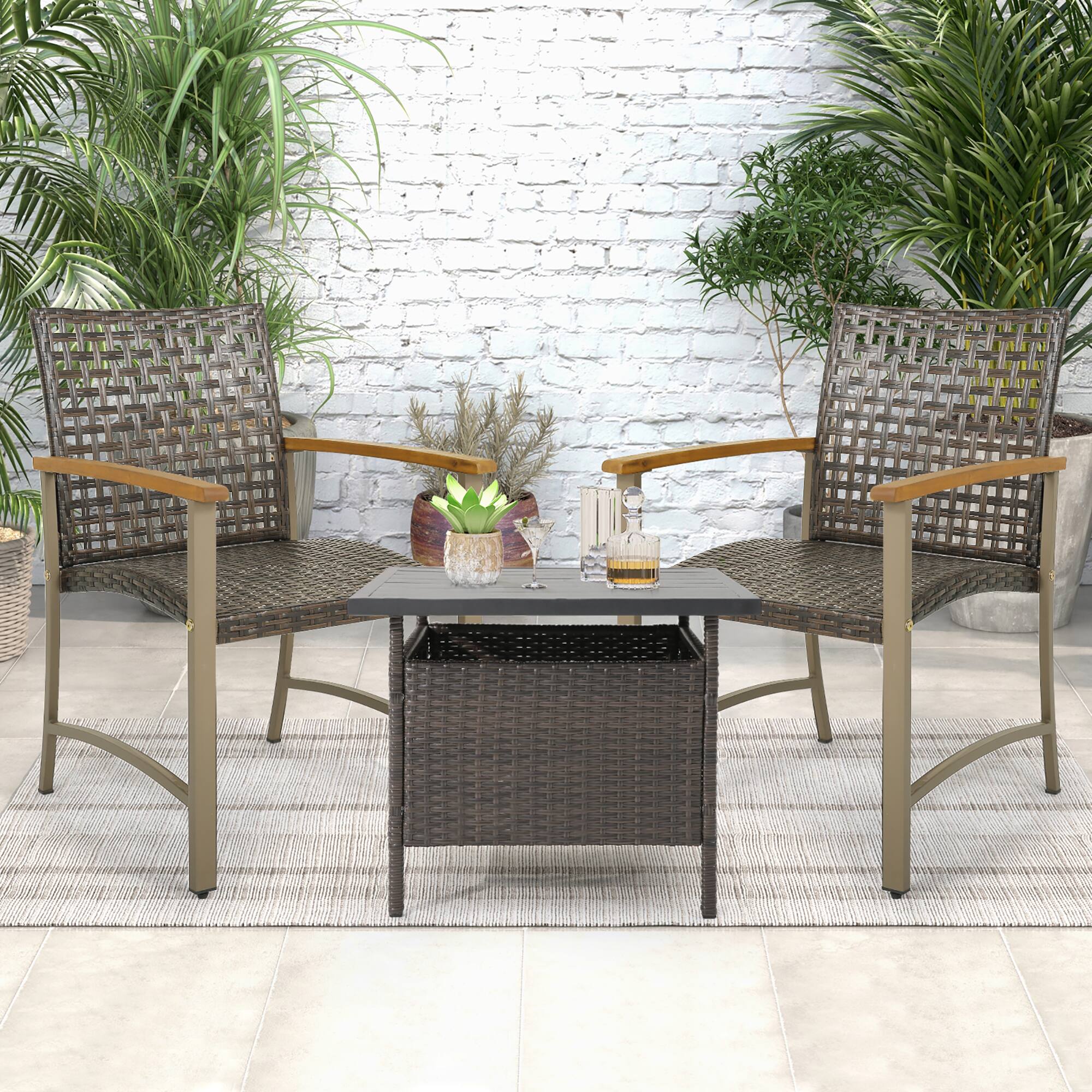 Alt View 4. Gymax - Gymax Outdoor Rattan Chair Set of 4 Patio PE Wicker Dining Chairs w/ Acacia Wood Armrests Balcony Poolside - Mix Brown, Natural, Silver.