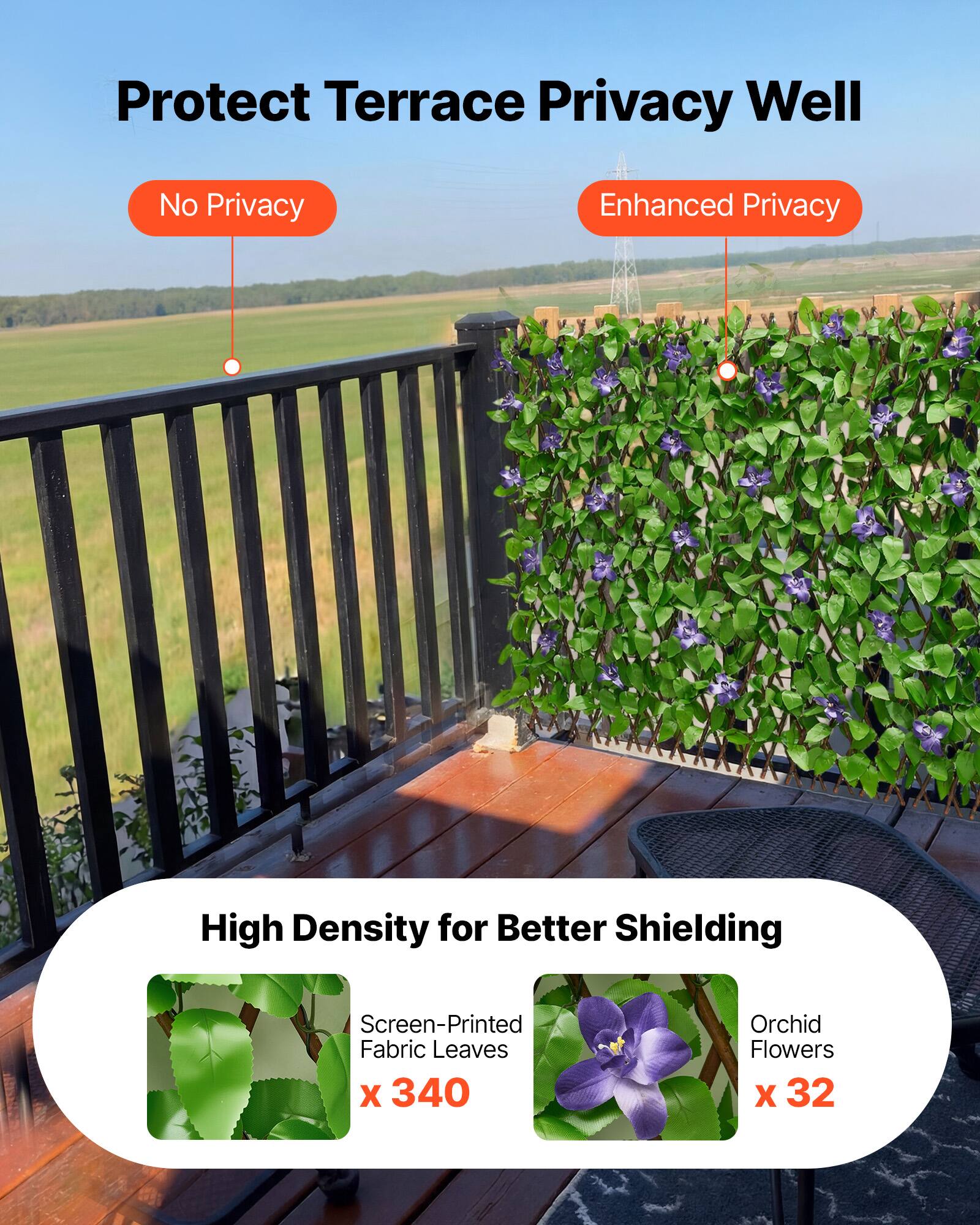 Protect Terrace Privacy Well

No Privacy  
Enhanced Privacy

High Density for Better Shielding

Screen-Printed Fabric Leaves x 340  
Orchid Flowers x 32