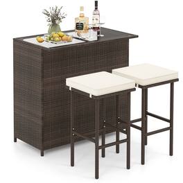 Gymax - Set of 3 Patio Bar Set w/ Tempered Glass Tabletop 2-Tier Storage Removable Cushions - White