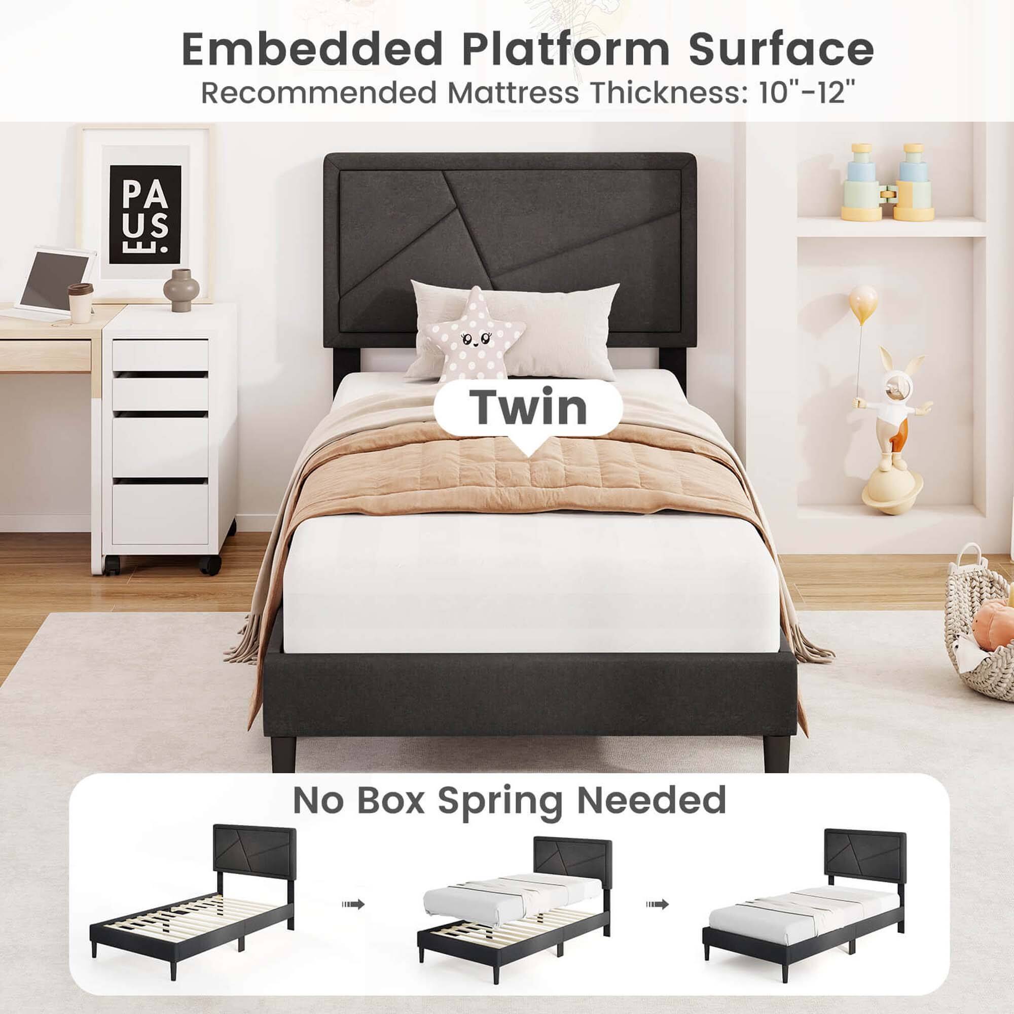 Embedded Platform Surface Recommended Mattress Thickness: 10"-12" Twin No Box Spring Needed