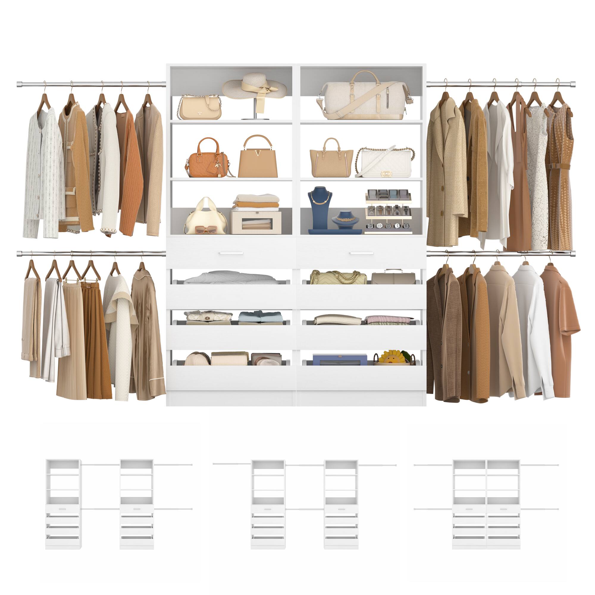 Left. Aheaplus - 6-15Ft Wood Walk-in Closet Organizer: 8 Drawers, 4 Hanging Rods & Tower - White.