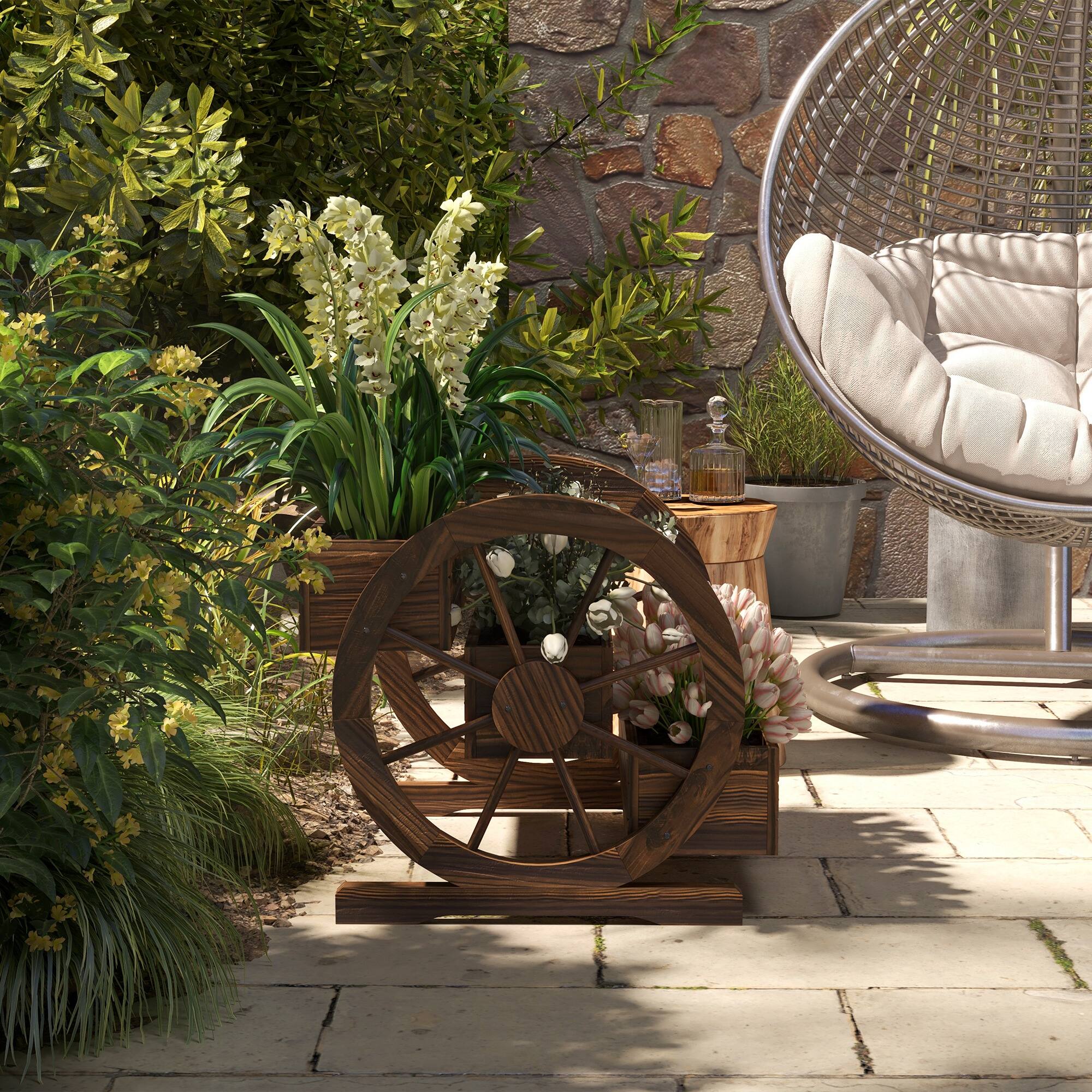 Alt View 7. Outsunny - 3-Tier Raised Garden Bed, Wooden Wagon Planter Boxes with Drainage Holes, for Vegetables Flowers Herbs, 25" x 24" x 23" - Carbonized.