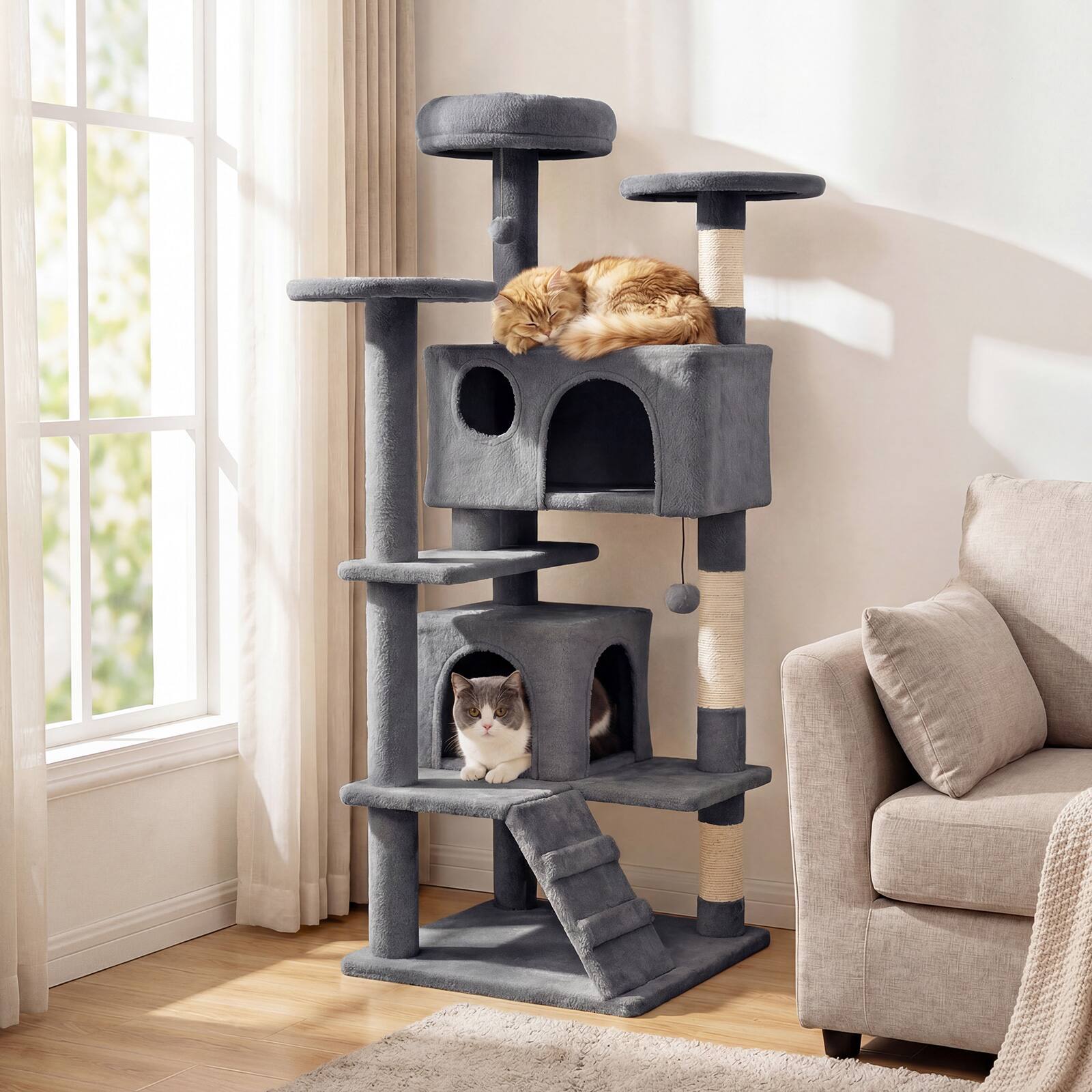 Alt View 1. Gymax - Gymax 52'' Tall Cat Tree Tower w/2 Condos Plush Padded Perch Sisal Scratching Posts Dark Gray.