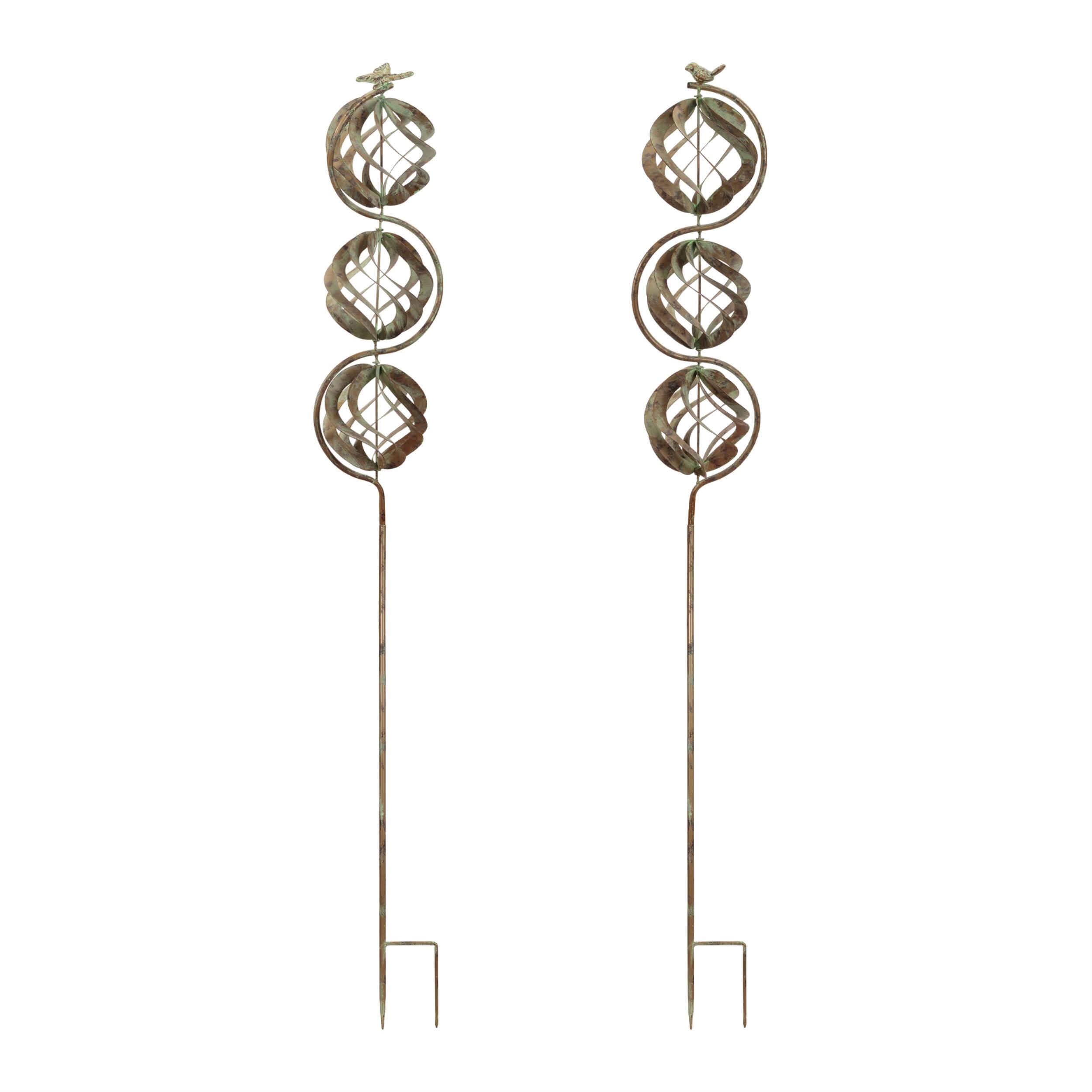 Angle. BreeBe - Bird and Butterfly w/Triple Orb Stake (Set of 4) - Copper, Green.