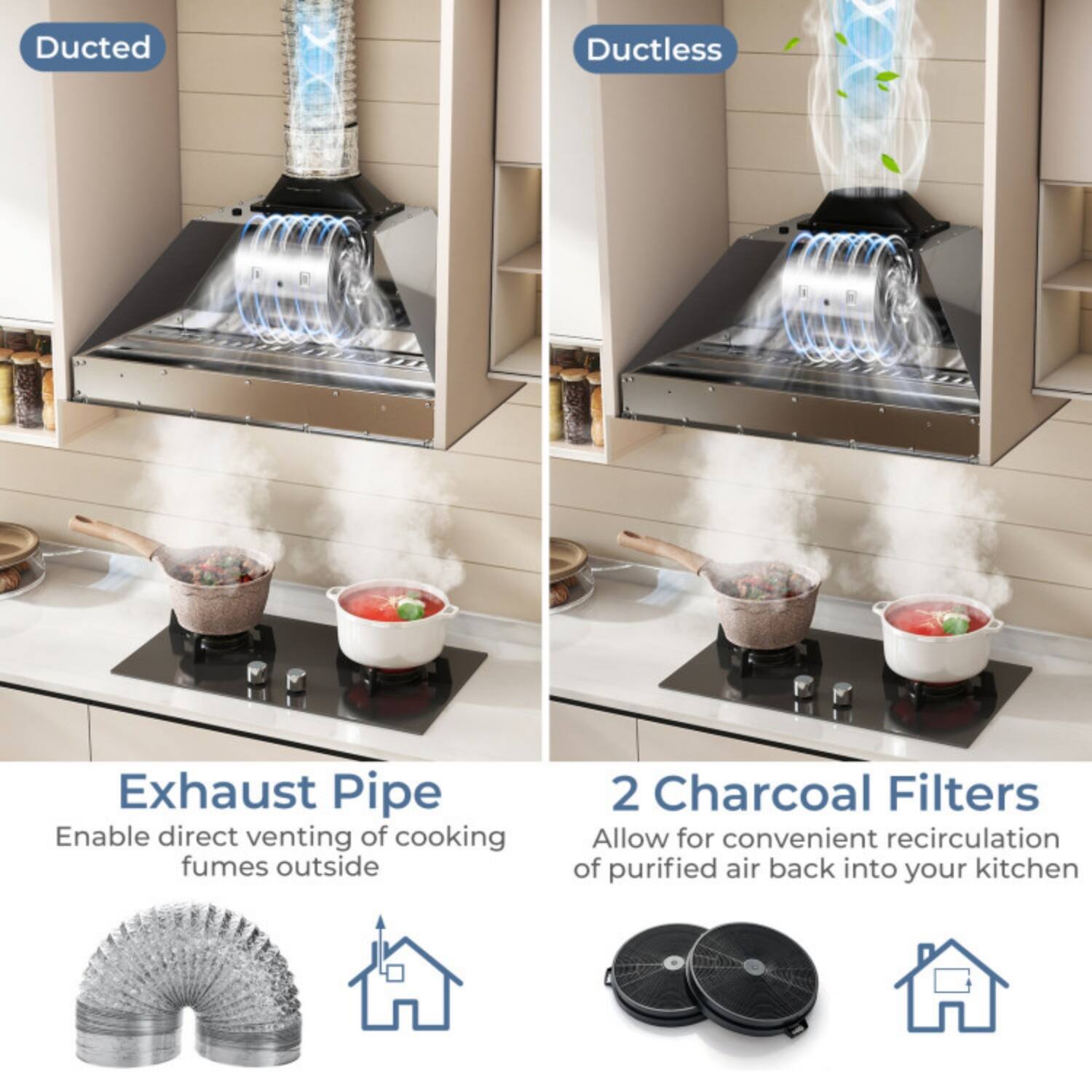 Ducted Ductless

Exhaust Pipe
Enable direct venting of cooking fumes outside

2 Charcoal Filters
Allow for convenient recirculation of purified air back into your kitchen