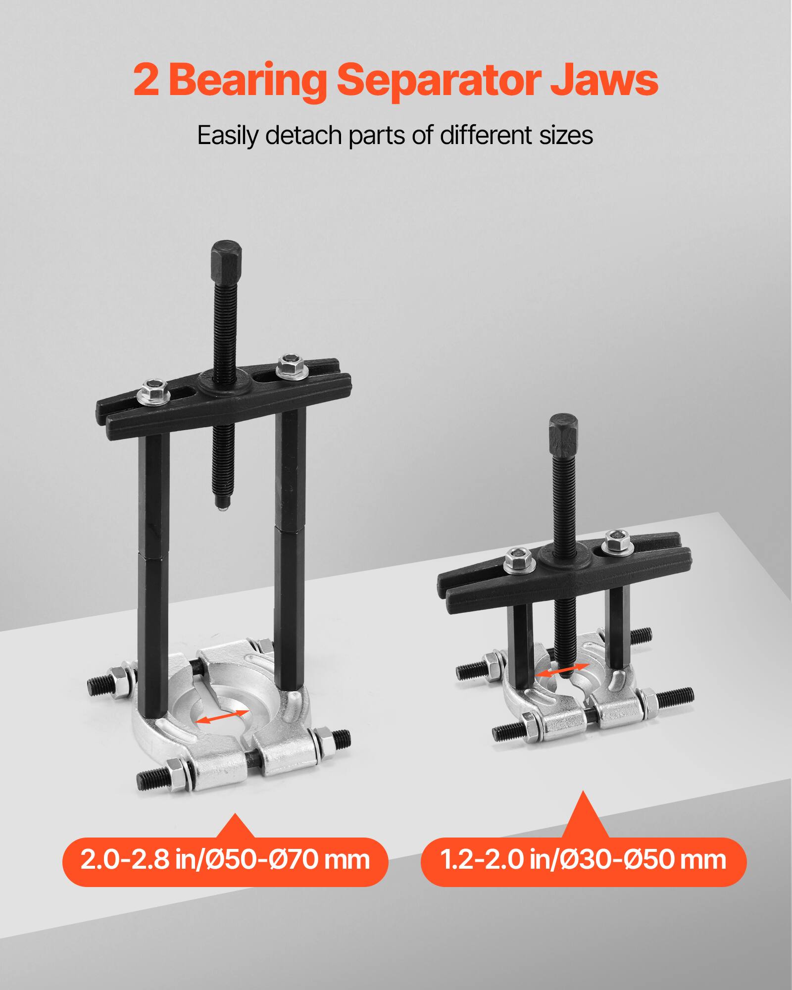 2 Bearing Separator Jaws  
Easily detach parts of different sizes  

2.0-2.8 in/Ø50-Ø70 mm  
1.2-2.0 in/Ø30-Ø50 mm