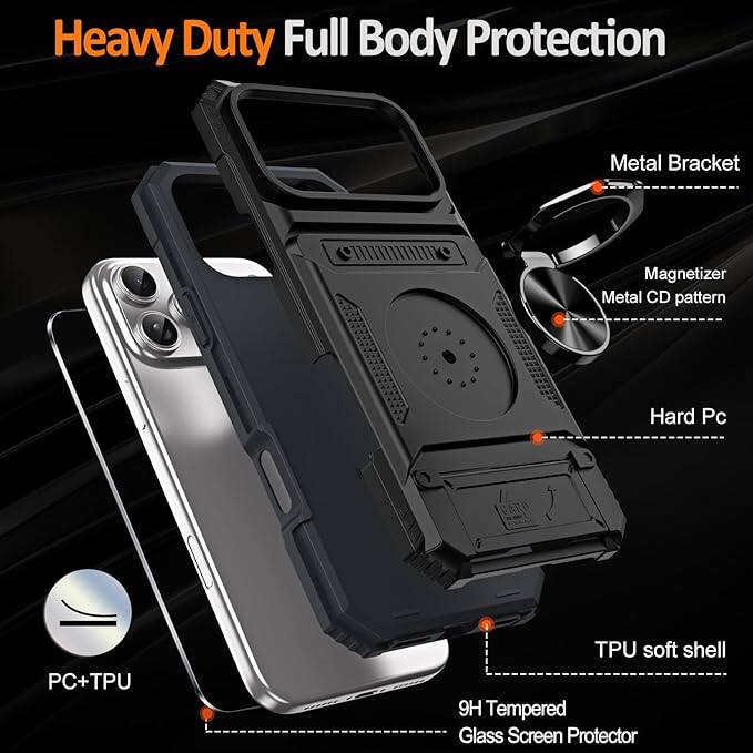 Heavy Duty Full Body Protection

- Metal Bracket
- Magnetizer
- Metal CD pattern
- Hard Pc
- TPU soft shell
- 9H Tempered Glass Screen Protector
- PC+TPU