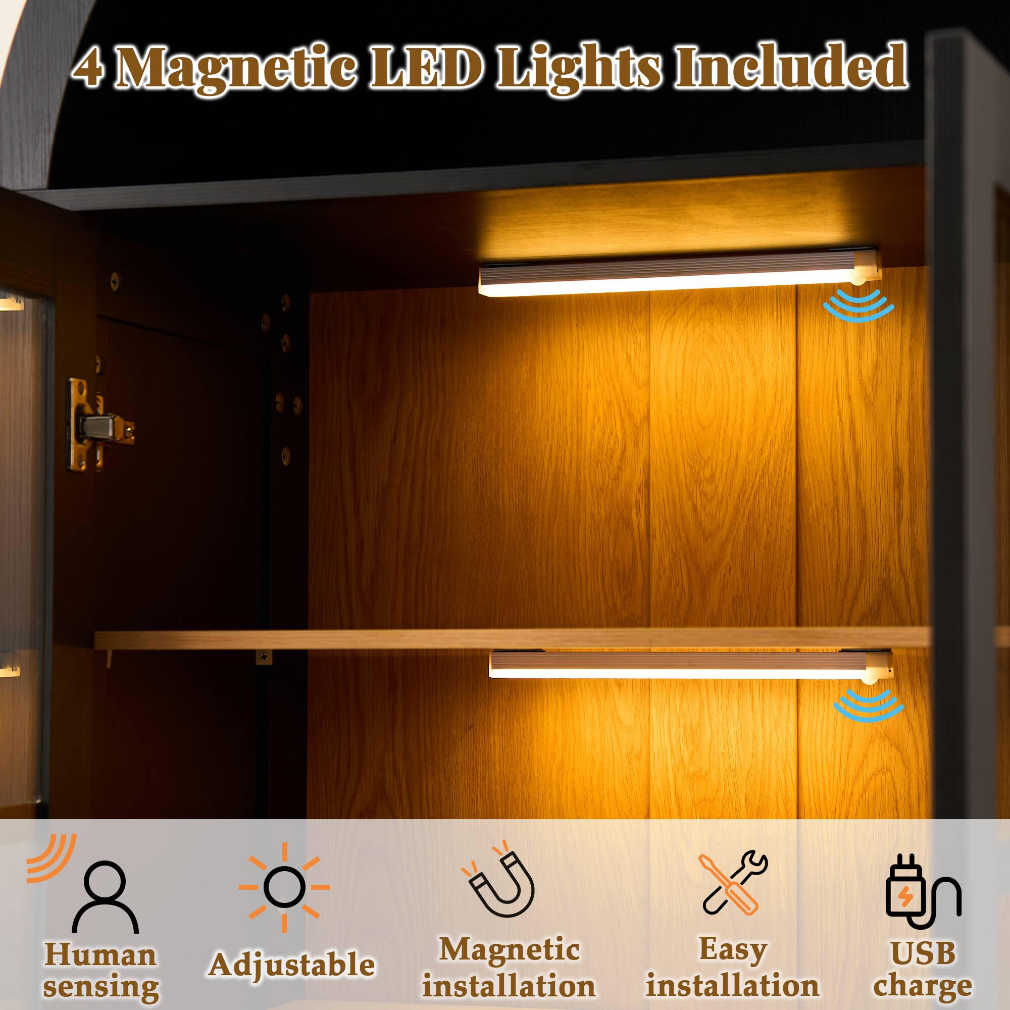 4 Magnetic LED Lights Included

- Human sensing
- Adjustable
- Magnetic installation
- Easy installation
- USB charge