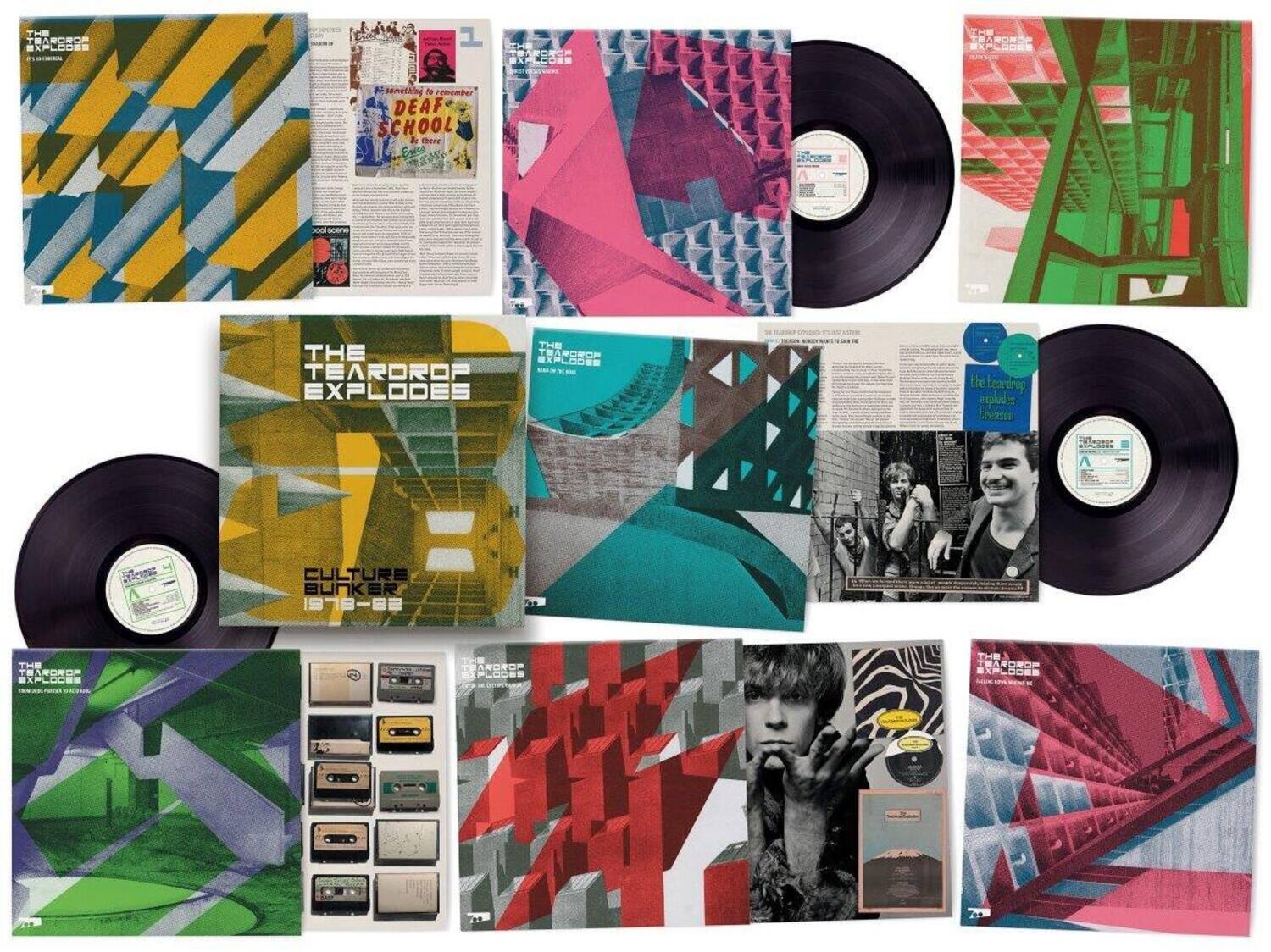 Sure, here is the corrected and grouped text from the image:

---

**Top Row:**

1. **Left:**
   - THE TEARDROP EXPLODES
   - FROM THE BUNKER 1978-82

2. **Middle:**
   - THE TEARDROP EXPLODES
   - THE TEARDROP EXPLODES
   - THE TEARDROP EXPLODES
   - THE TEARDROP EXPLODES
   - THE TEARDROP EXPLODES
   - THE TEARDROP EXPLODES
   - THE TEARDROP EXPLODES
   - THE TEARDROP EXPLODES
   - THE TEARDROP EXPLODES
   - THE TEARDROP EXPLODES
   - THE TEARDROP EXPLODES
   - THE TEARDROP EXPLODES
   - THE TEARDROP EXPLODES
   - THE TEARDROP EXPLODES
   - THE TEARDROP EXPLODES
   - THE TEARDROP EXPLODES
   - THE TEARDROP EXPLODES
   - THE TEARDROP EXPLODES
   - THE TEARDROP EXPLODES
   - THE TEARDROP EXPLODES
   - THE TEARDROP EXPLODES
   - THE TEARDROP EXPLODES
   - THE TEARDROP EXPLODES
   - THE TEARDROP EXPLODES
   - THE TEARDROP EXPLODES
   - THE TEARDROP EXPLODES
   - THE TEARDROP EXPLODES
   - THE TEARDROP EXPLODES
   - THE TEARDROP EXPLODES
   - THE TEARDROP EXPLODES
   - THE TEARDROP EXPLODES
   - THE TEARDROP EXPLODES
   - THE TEARDROP EXPLODES
   - THE TEARDROP EXPLODES
   - THE TEARDROP EXPLODES
   - THE TEARDROP EXPLODES
   - THE TEARDROP EXPLODES
   - THE TEARDROP EXPLODES
   - THE TEARDROP EXPLODES
   - THE TEARDROP EXPLODES
   - THE TEARDROP EXPLODES
   - THE TEARDROP EXPLODES
   - THE TEARDROP EXPLODES
   - THE TEARDROP EXPLODES
   - THE TEARDROP EXPLODES
   - THE TEARD