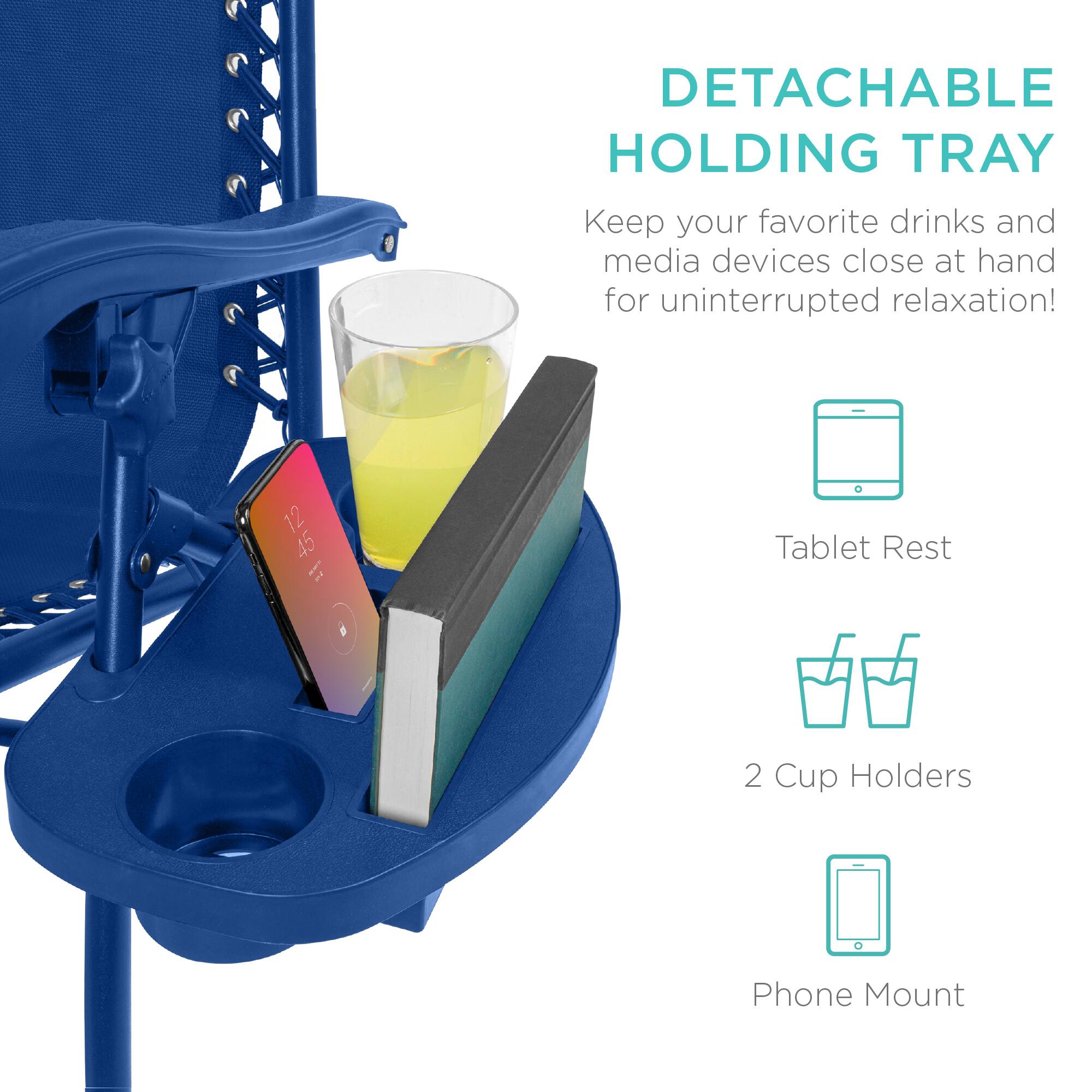 DETACHABLE HOLDING TRAY  
Keep your favorite drinks and media devices close at hand for uninterrupted relaxation!  

- Tablet Rest  
- 2 Cup Holders  
- Phone Mount