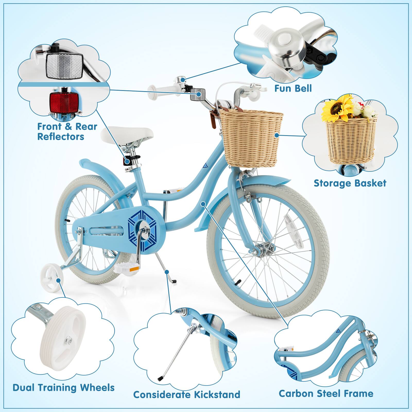 Fun Bell, Front & Rear Reflectors, Storage Basket, Dual Training Wheels, Considerate Kickstand, Carbon Steel Frame