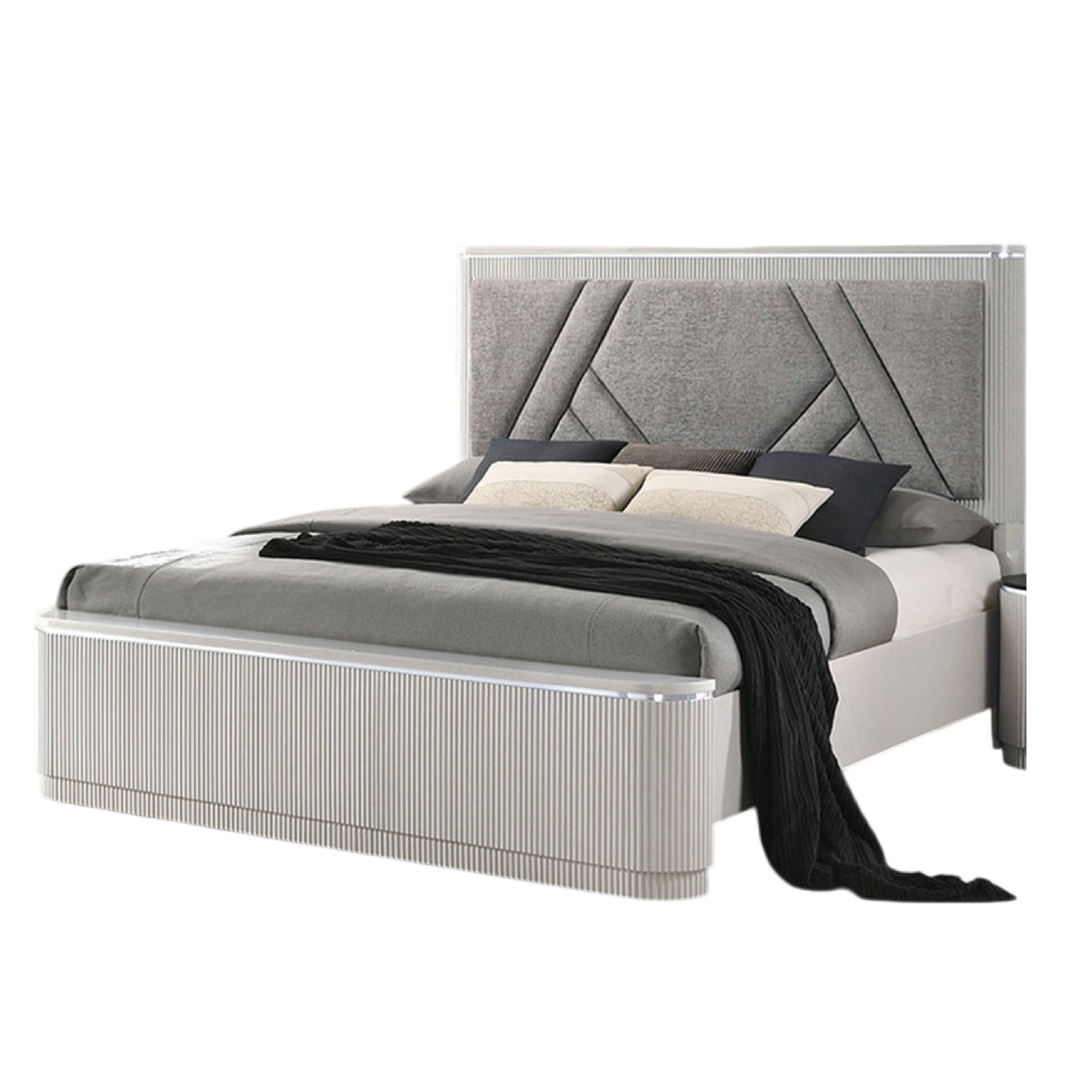 Alt View 1. Manhattan Lane - Alda Queen Bed, Upholstered Geometric Headboard, Light Gray Reeded Wood - Light Gray, Silver.