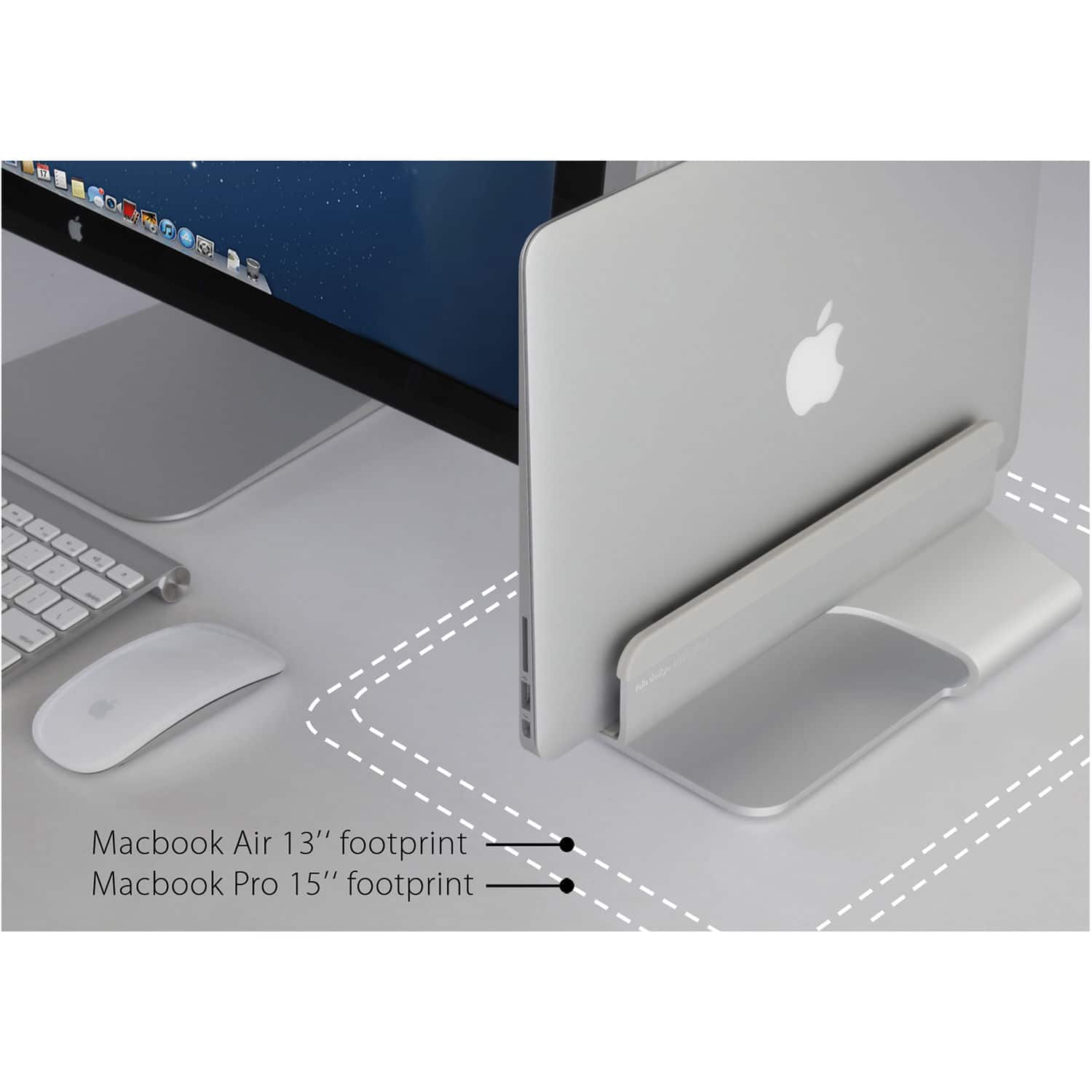 The text on the image reads: "Macbook Air 13" footprint Macbook Pro 15" footprint."