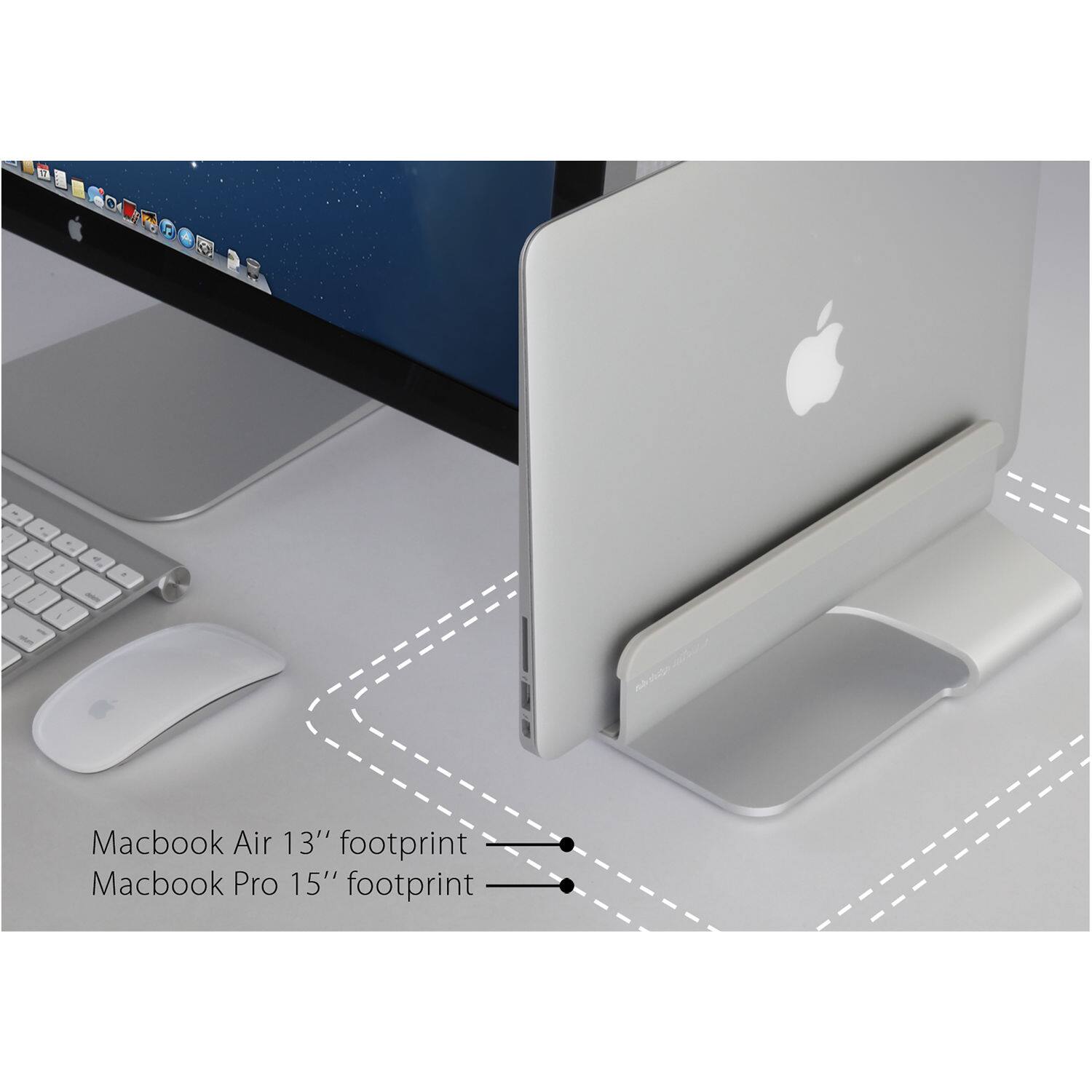 The text on the image reads: "Macbook Air 13" footprint Macbook Pro 15" footprint."
