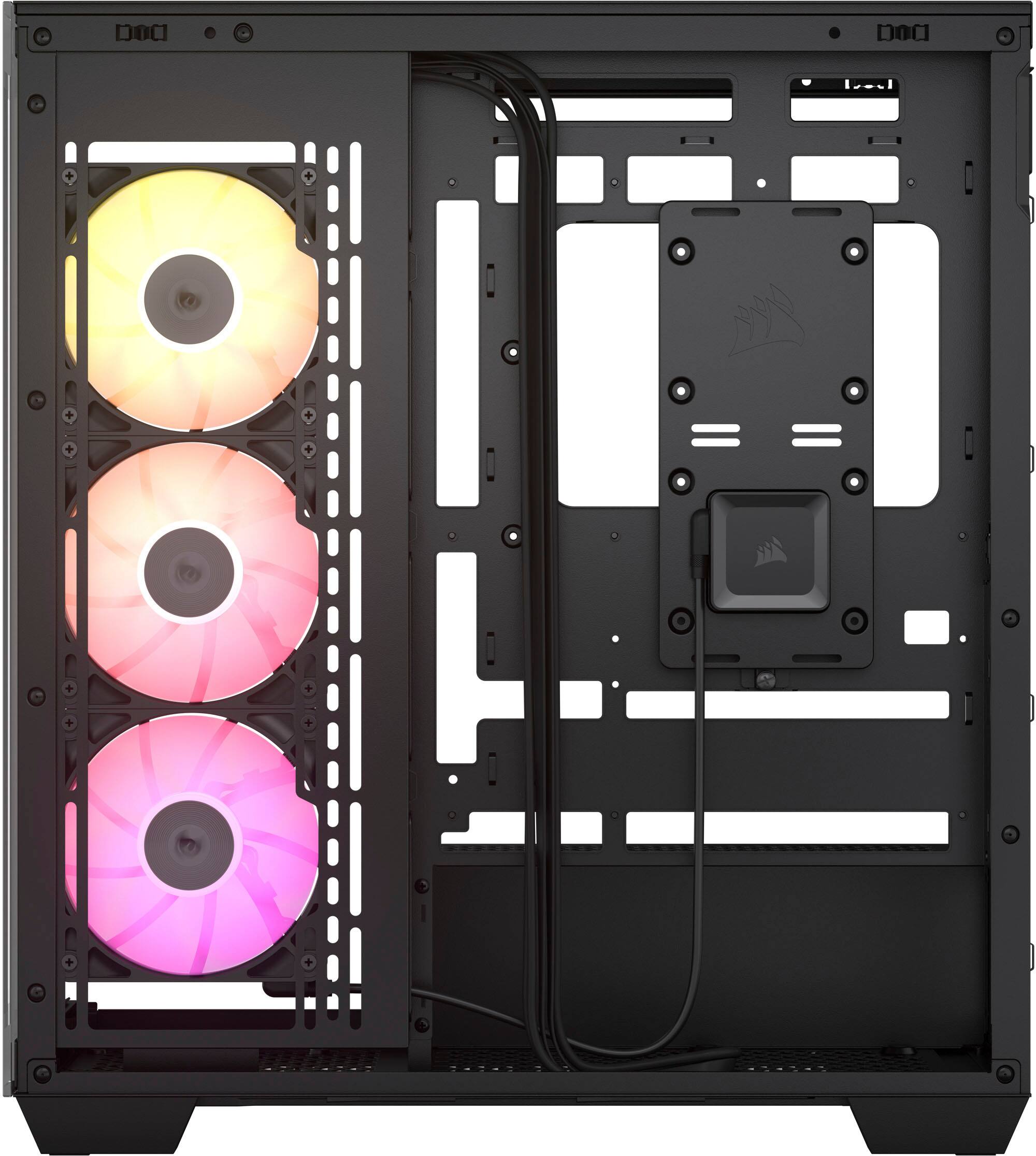 The image shows a computer tower with a black case and a rainbow of colors coming out of it. The colors include pink, orange, and yellow, creating a visually appealing and vibrant display. The computer tower is open, revealing its internal components, such as the fan and the hard drive. The combination of the colorful lighting and the open case showcases the computer's unique features and design.