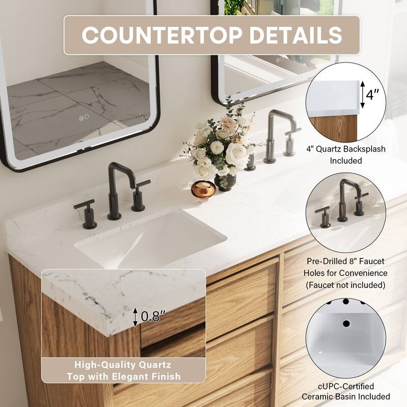COUNTERTOP DETAILS

- 4" Quartz Backsplash Included
- 0.8" High-Quality Quartz Top with Elegant Finish
- Pre-Drilled 8" Faucet Holes for Convenience (Faucet not included)
- cUPC-Certified Ceramic Basin Included