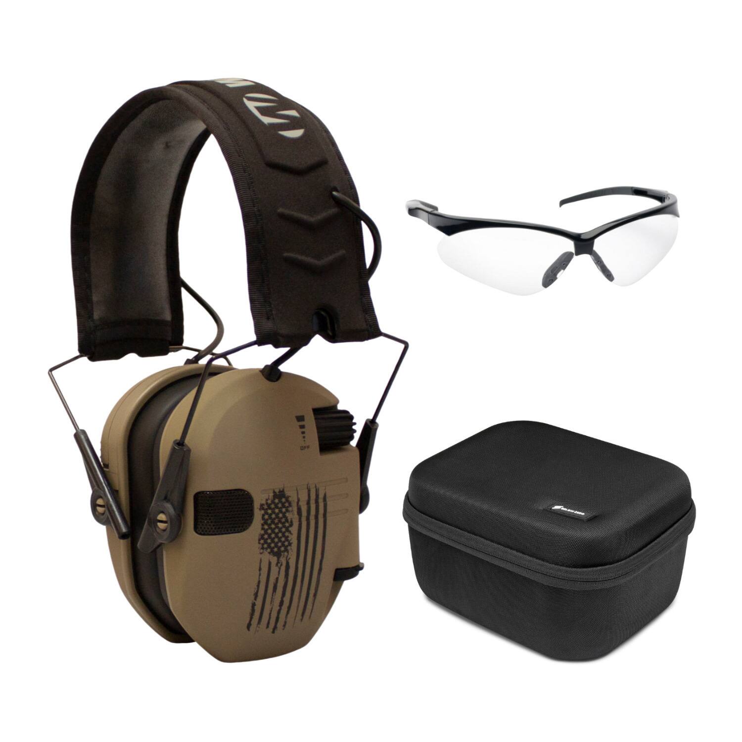 Front. Walker’s - Walker's Razor Slim Earmuff, Distressed Flag with Shooting Glasses and Hard Case - Coyote Brown/Black.