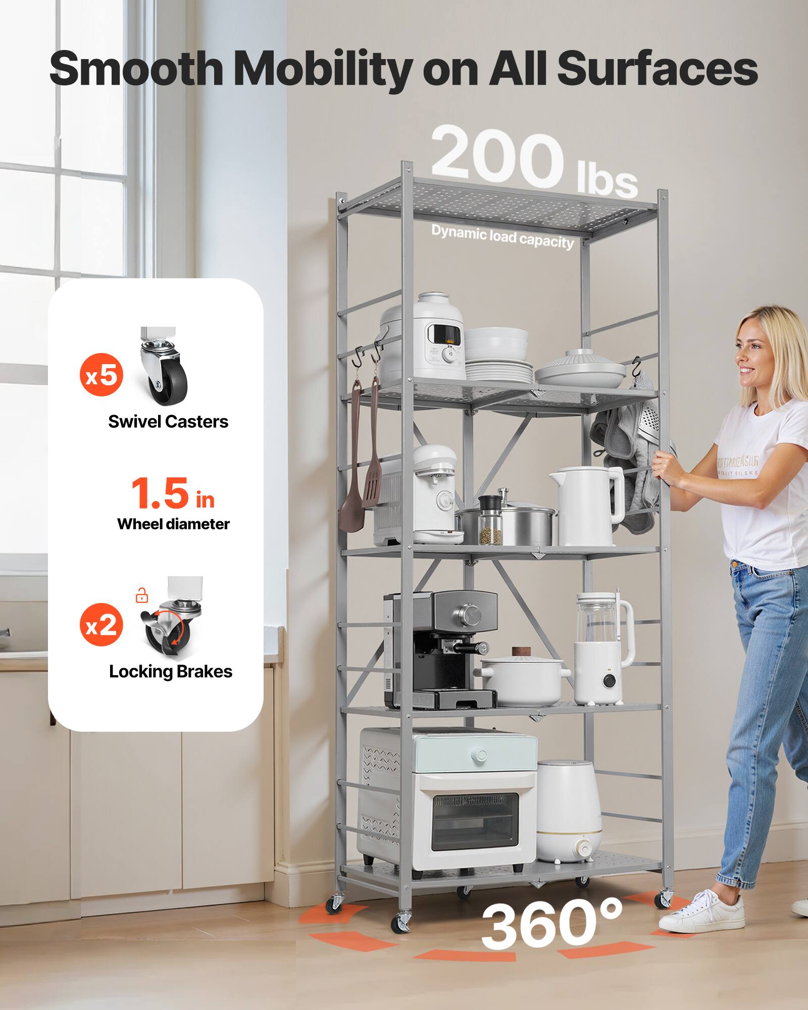 Smooth Mobility on All Surfaces, 200 lbs Dynamic load capacity, x5 Swivel Casters, 1.5 in Wheel diameter, x2 Locking Brakes, 360°