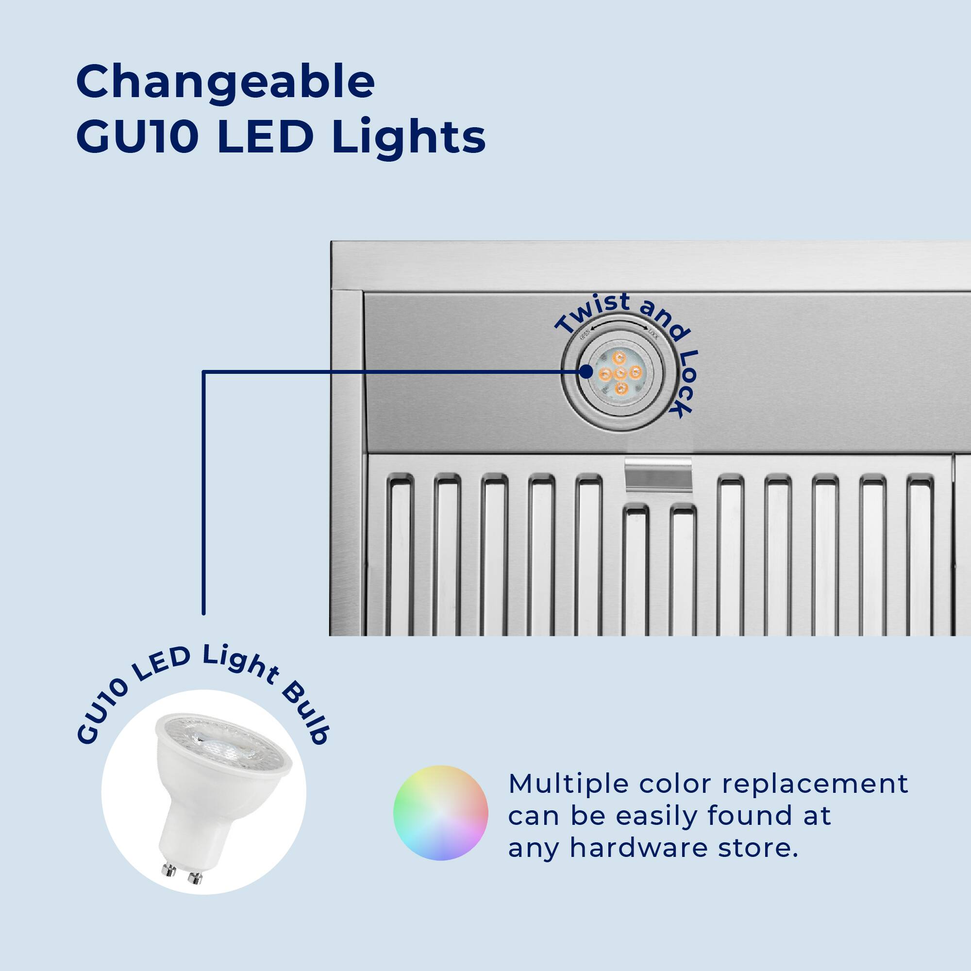 Changeable GU10 LED Lights

Twist and Lock

GU10 LED Light Bulb

Multiple color replacement can be easily found at any hardware store.