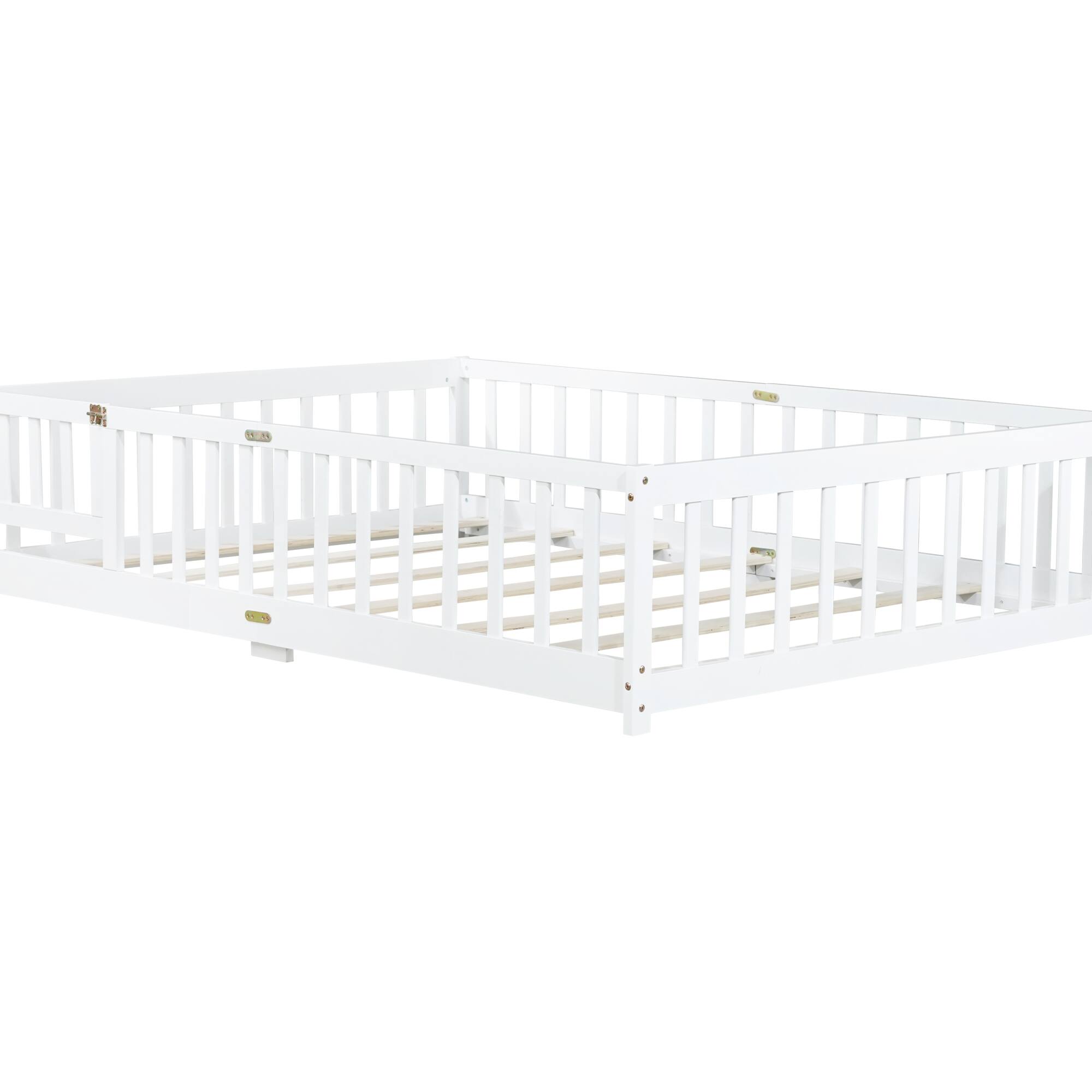 Left. GOODSILO - Full Size Floor Bed with Safety Fence and Revolving Door for Children, Sturdy Rubber Wood Construction - White.