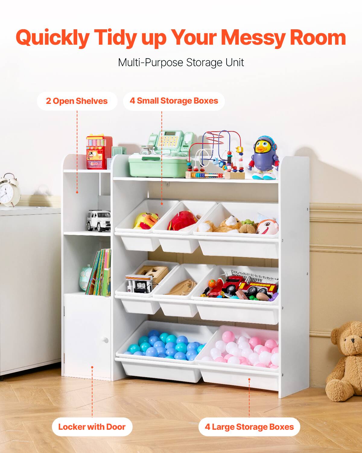 Quickly Tidy up Your Messy Room Multi-Purpose Storage Unit: 2 Open Shelves, 4 Small Storage Boxes, 1 Locker with Door, 4 Large Storage Boxes.