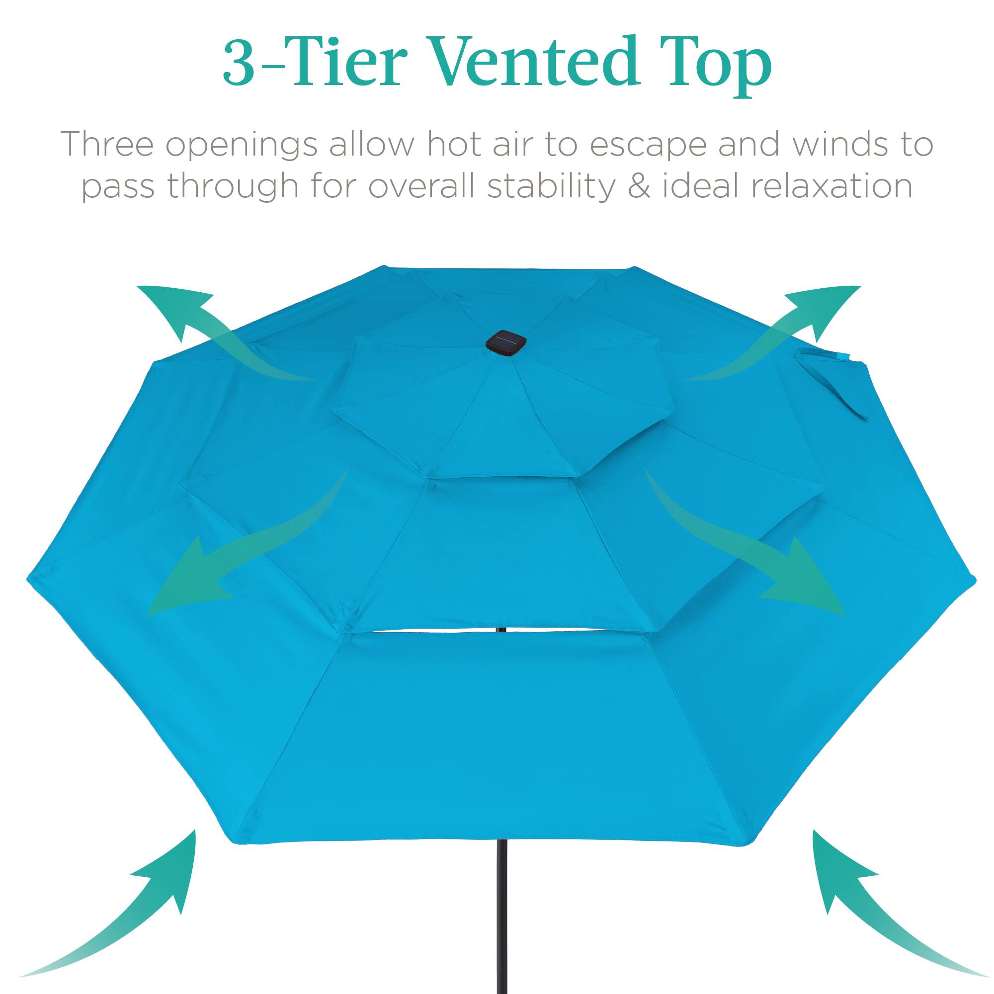 3-Tier Vented Top

Three openings allow hot air to escape and winds to pass through for overall stability & ideal relaxation