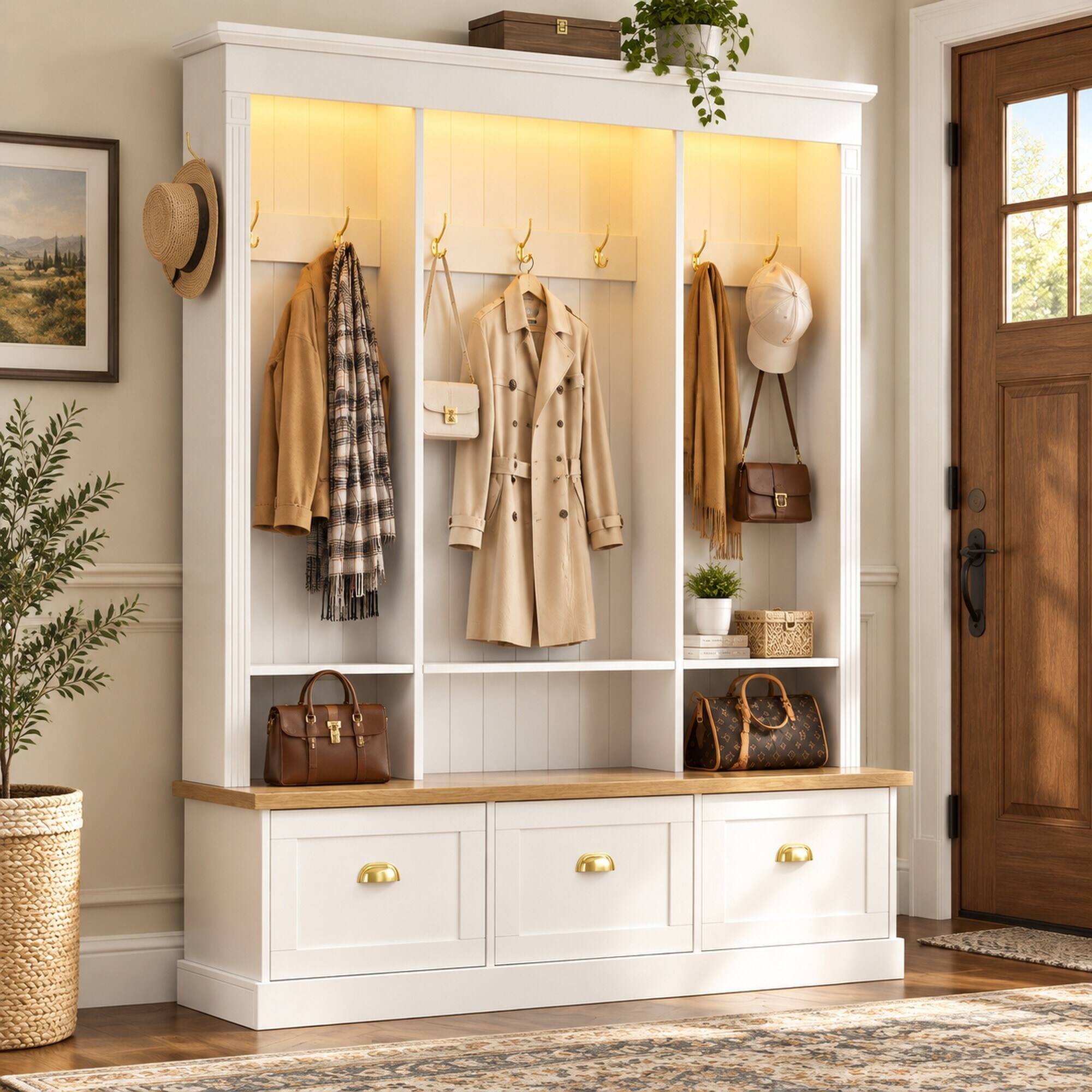 Back. RYHNUYNE - Elegant LED Light Hall Tree, 9 Hooks, 3 Cabinets, 3 Shelves, Natural Bench, White - White.