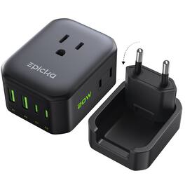 Epicka - Hybrid European Travel Plug Adapter Foldable Type C VisaPlug 8-IN-1 International Power Adapter with 4 USB Ports - Black