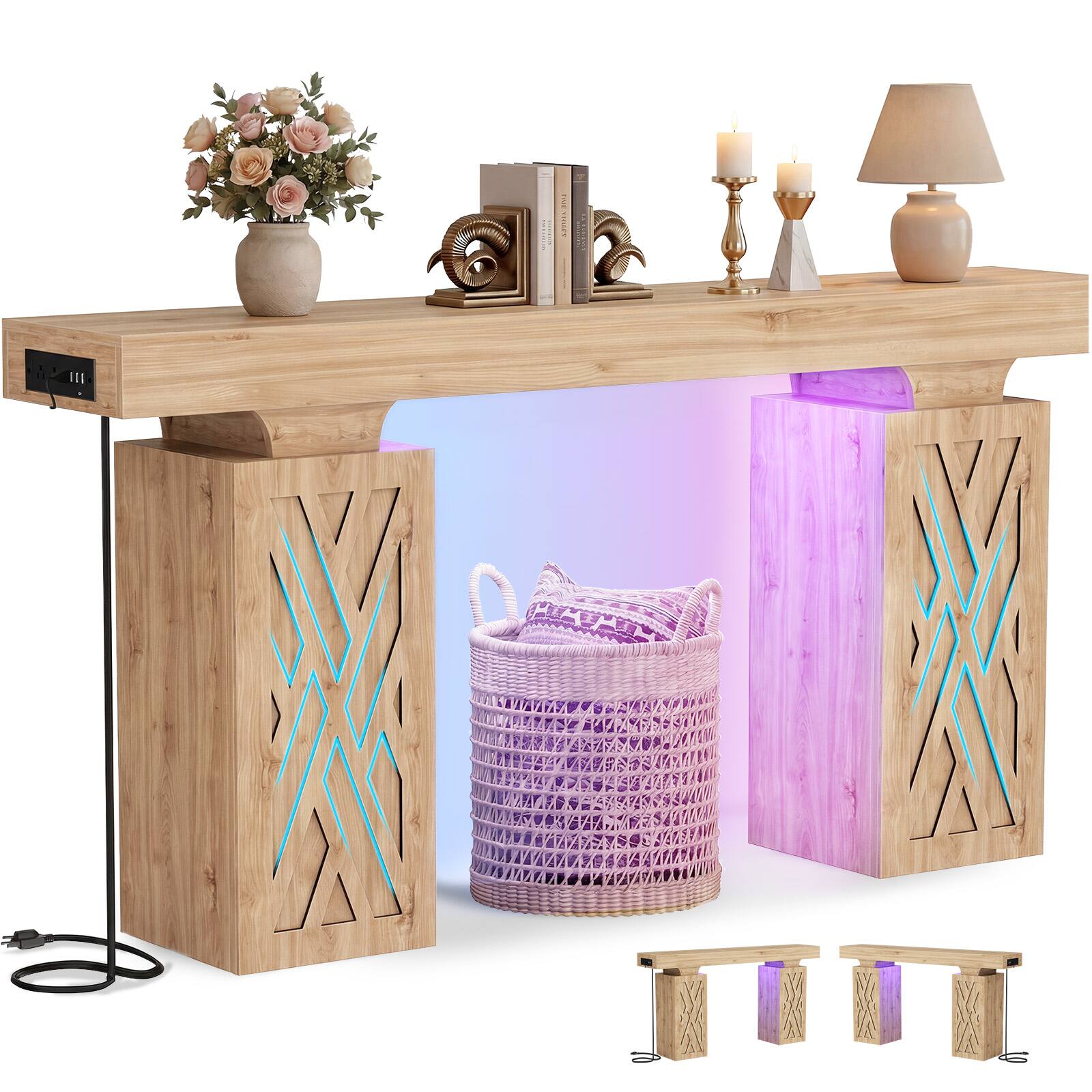 Angle. Aheaplus - 63'' Farmhouse Console Table with Charging Station and LED Lights - Nature Oak.