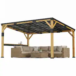 Outsunny - x 14' Wooden Gazebo, Hardtop Lean-to Gazebo Pergola with Galvanized Steel Sloped Roof, Bar Shelf