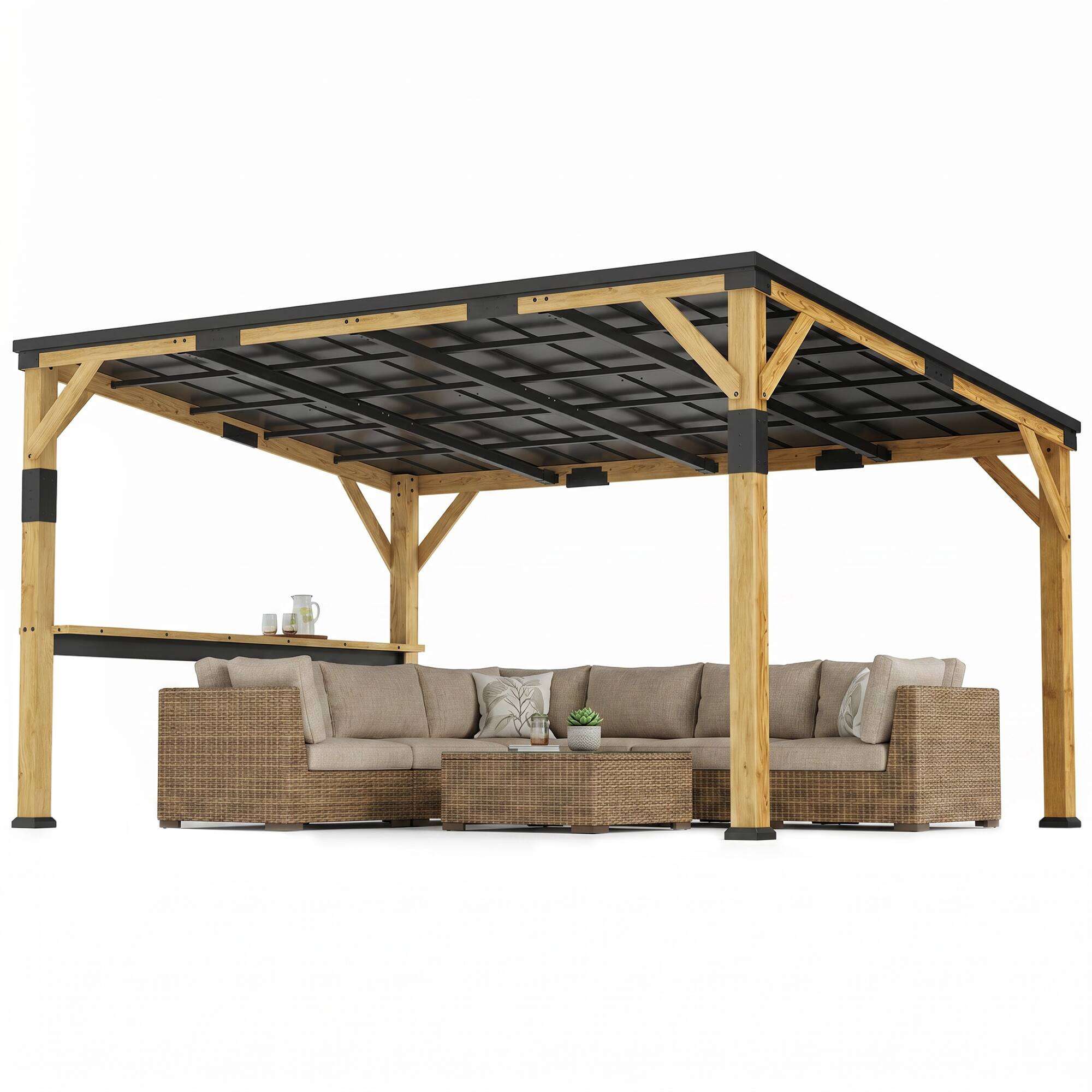 Outsunny - x 14' Wooden Gazebo, Hardtop Lean-to Gazebo Pergola with Galvanized Steel Sloped Roof, Bar Shelf