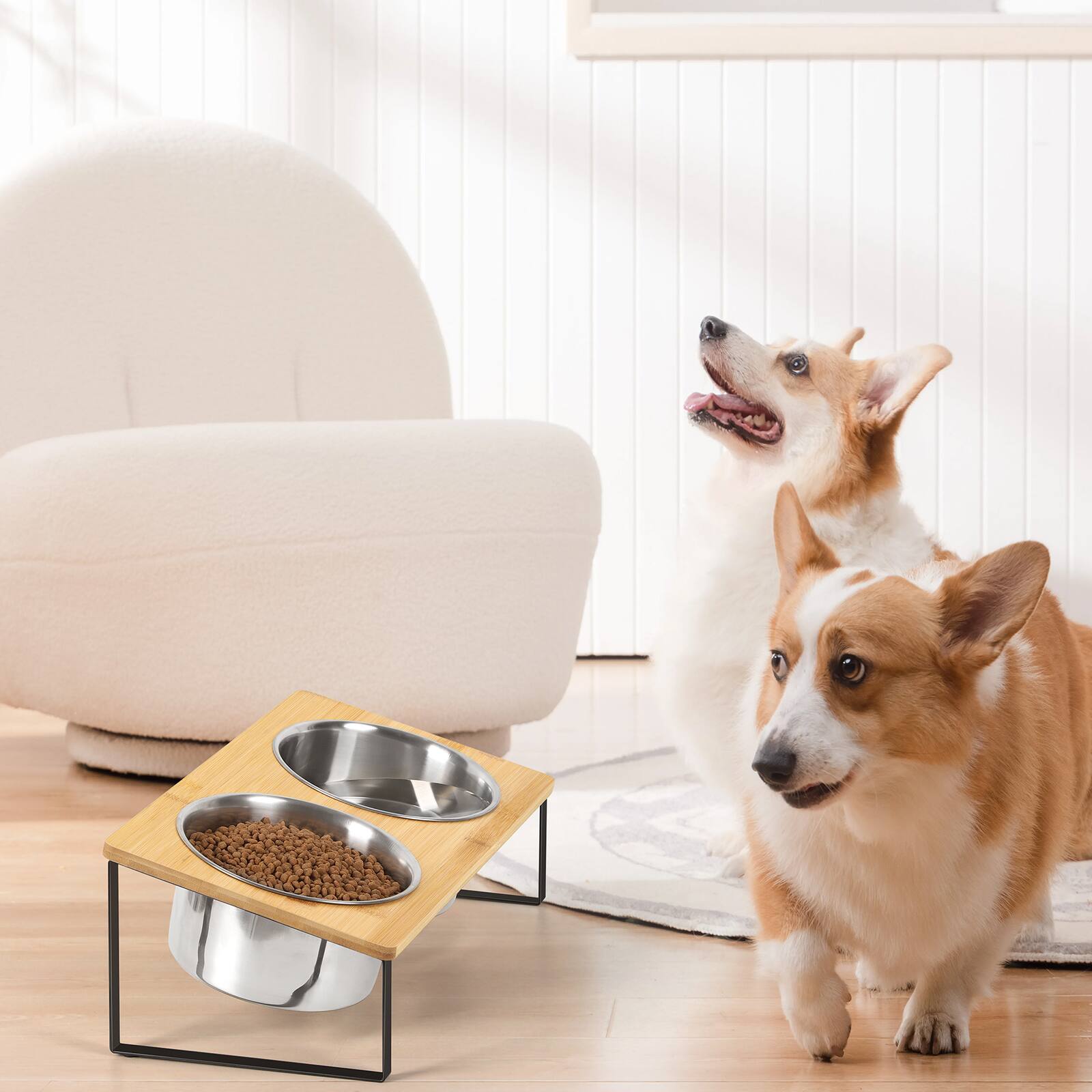 Alt View 1. Oumilen - Elevated Bamboo Double Pet Bowls, Raised Stainless Steel Dog Cat Feeder with Anti-Slip Metal Stand - Black.