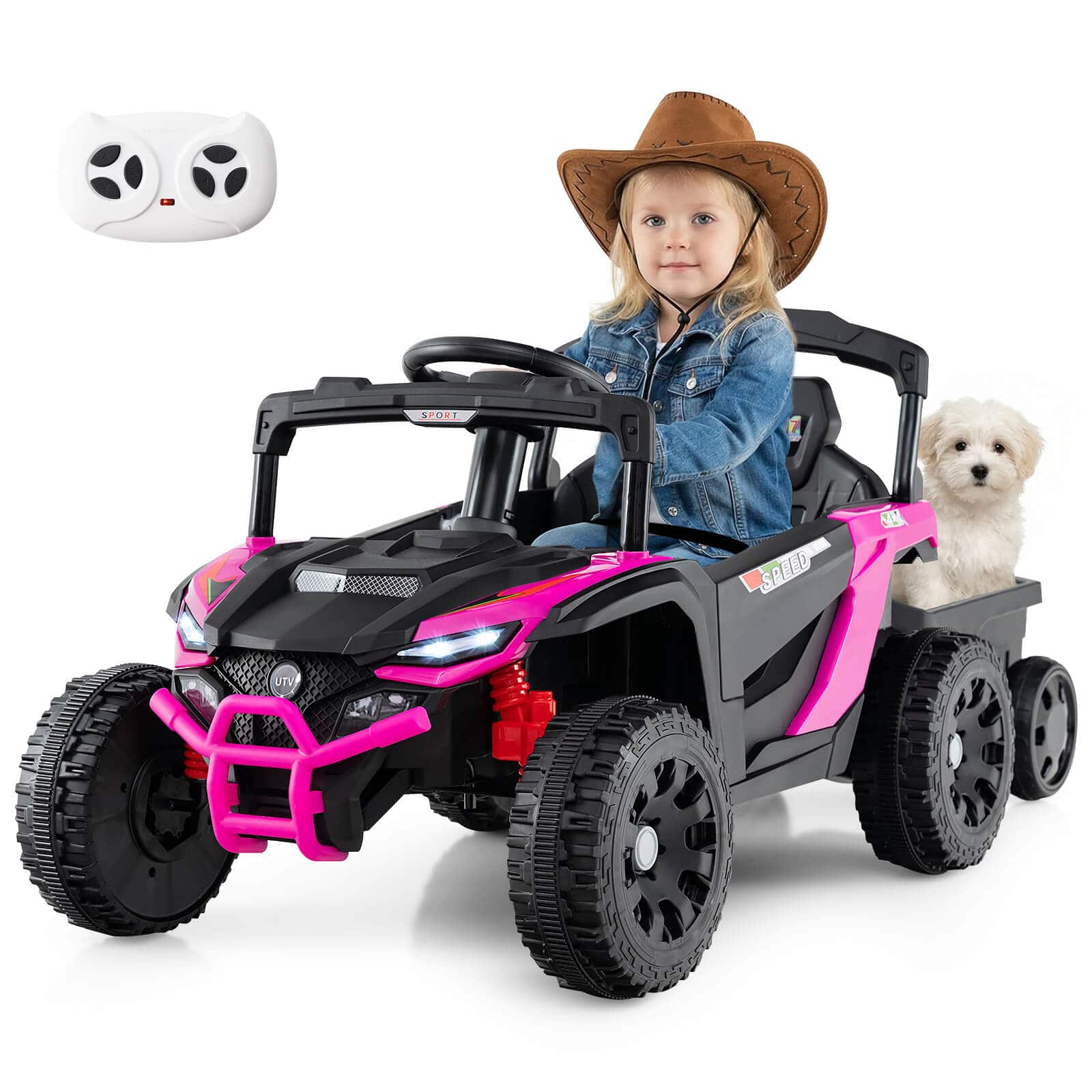 Costway - 12V Kids Ride On UTV with Detachable Trailer, Remote Control, 3 Speeds, LED Lights - Black + Pink