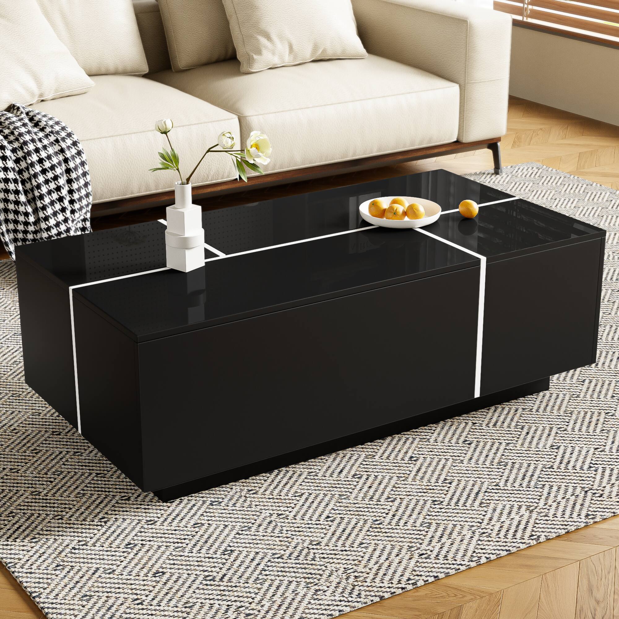 Alt View 1. Lirago - 47" U-Can Extendable Coffee Table  Smooth Finish 2 Hidden Storage Spaces 2 Drawers Multi Functional for Living Room - Black.