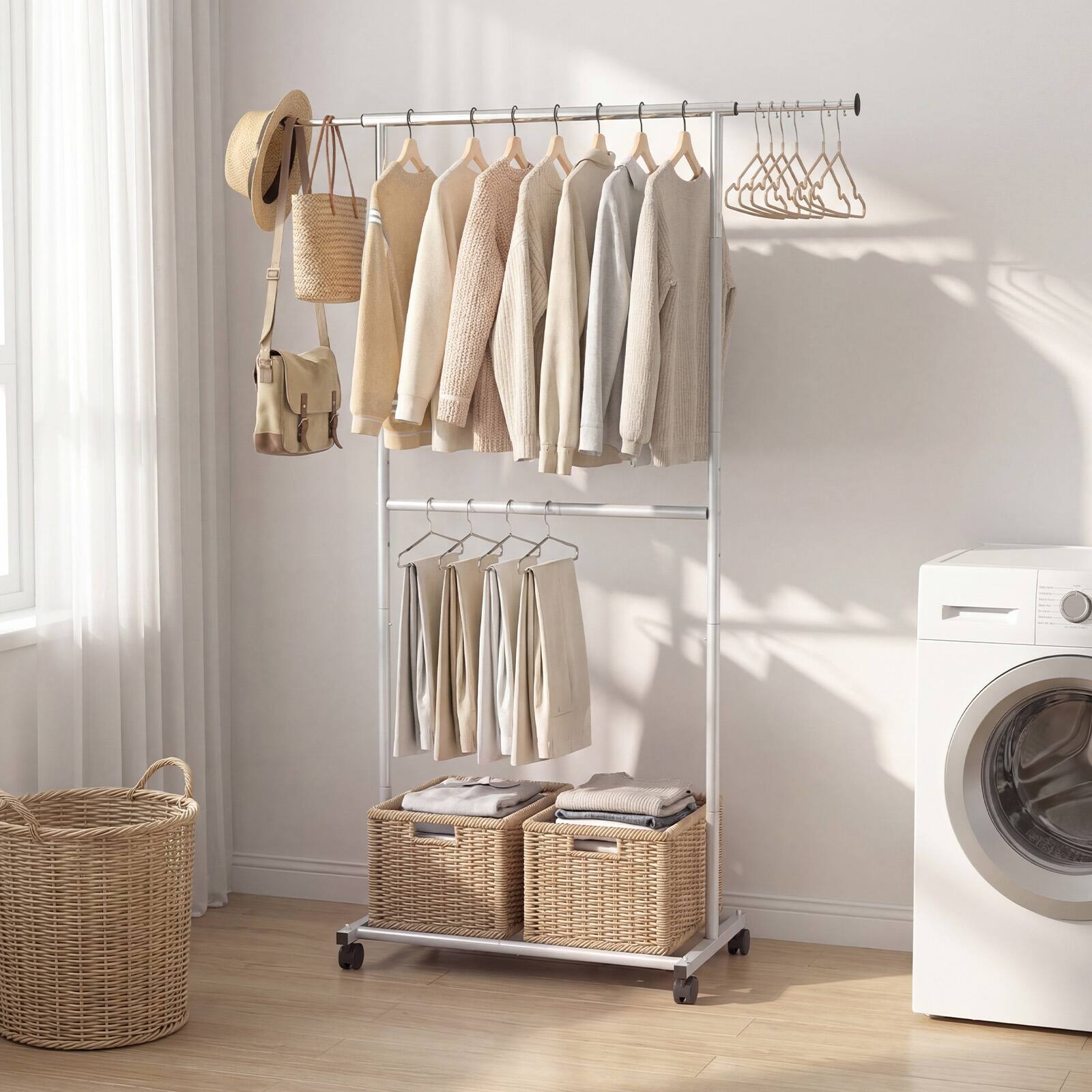 Alt View 3. Costway - Costway Rolling Clothes Rack, Double-Rod Extendable Garment Stand for Hanging Clothes - Silver.
