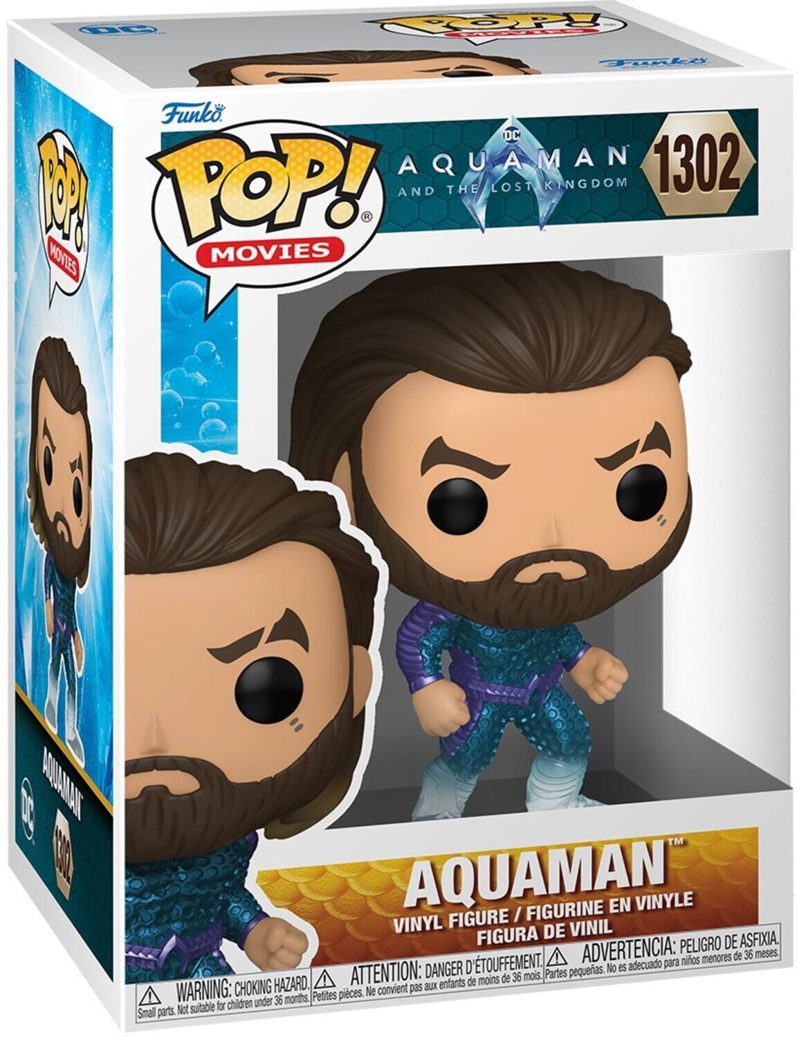 1302, Funko, DC, AQUAMAN, 1302, POP! MOVIES, THE LOST KINGDOM AND, AQUAMAN, FIGURINE EN VINYLE, VINYL FIGURE, VINIL FIGURA DE ASFIXIA, ADVERTENCIA: PELIGRO DE TOUFFEMENT, DANGER D'ÉTOUFFEMENT, adecuado para niños, pequeñas. No es, Partes pequeñas. Not suitable for children under 36 months, Small parts. Petites pièces. Ne convient pas, aux enfants de moins de 36 mois, WARNING: CHOKING HAZARD.
