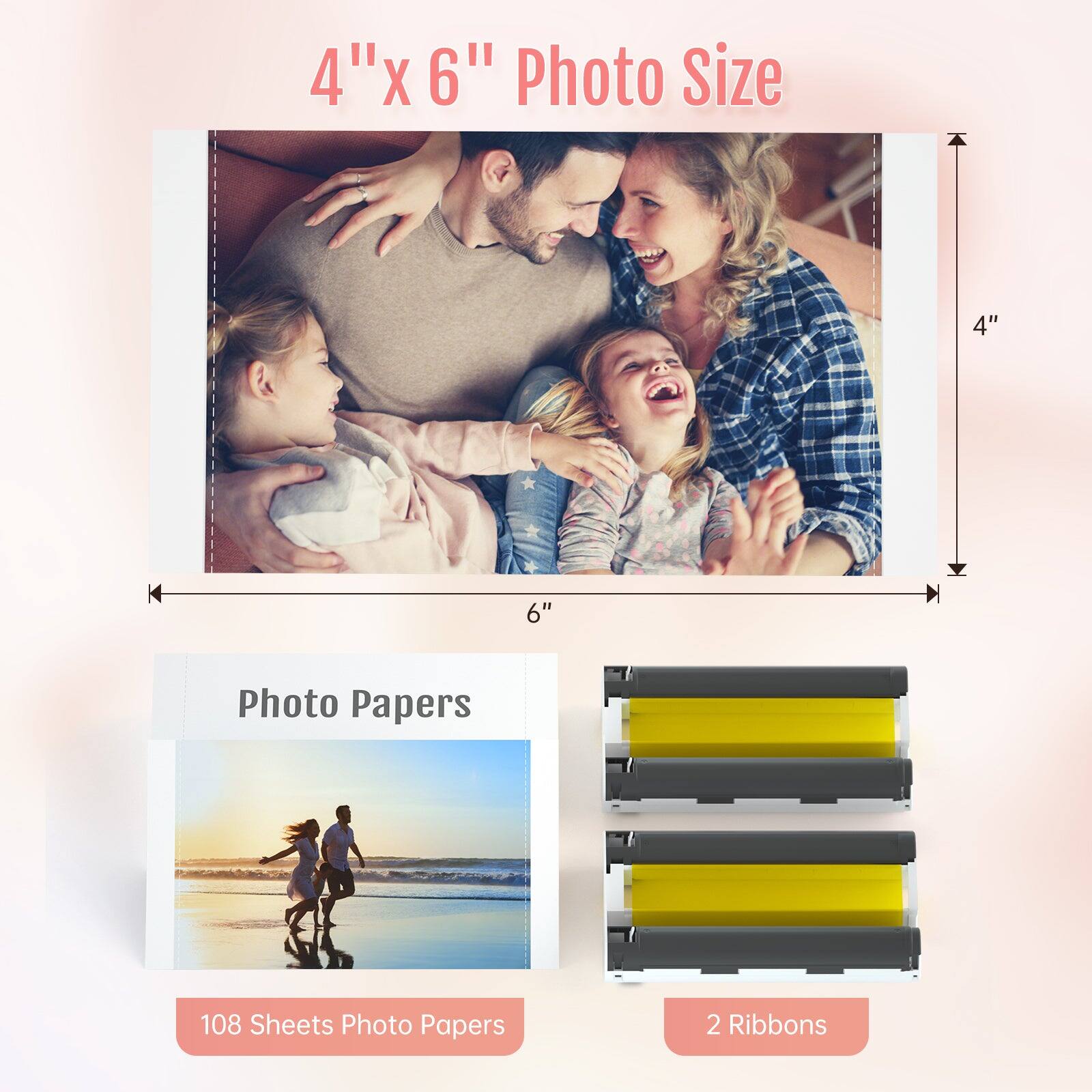 4" x 6" Photo Size

Photo Papers

108 Sheets Photo Papers

2 Ribbons