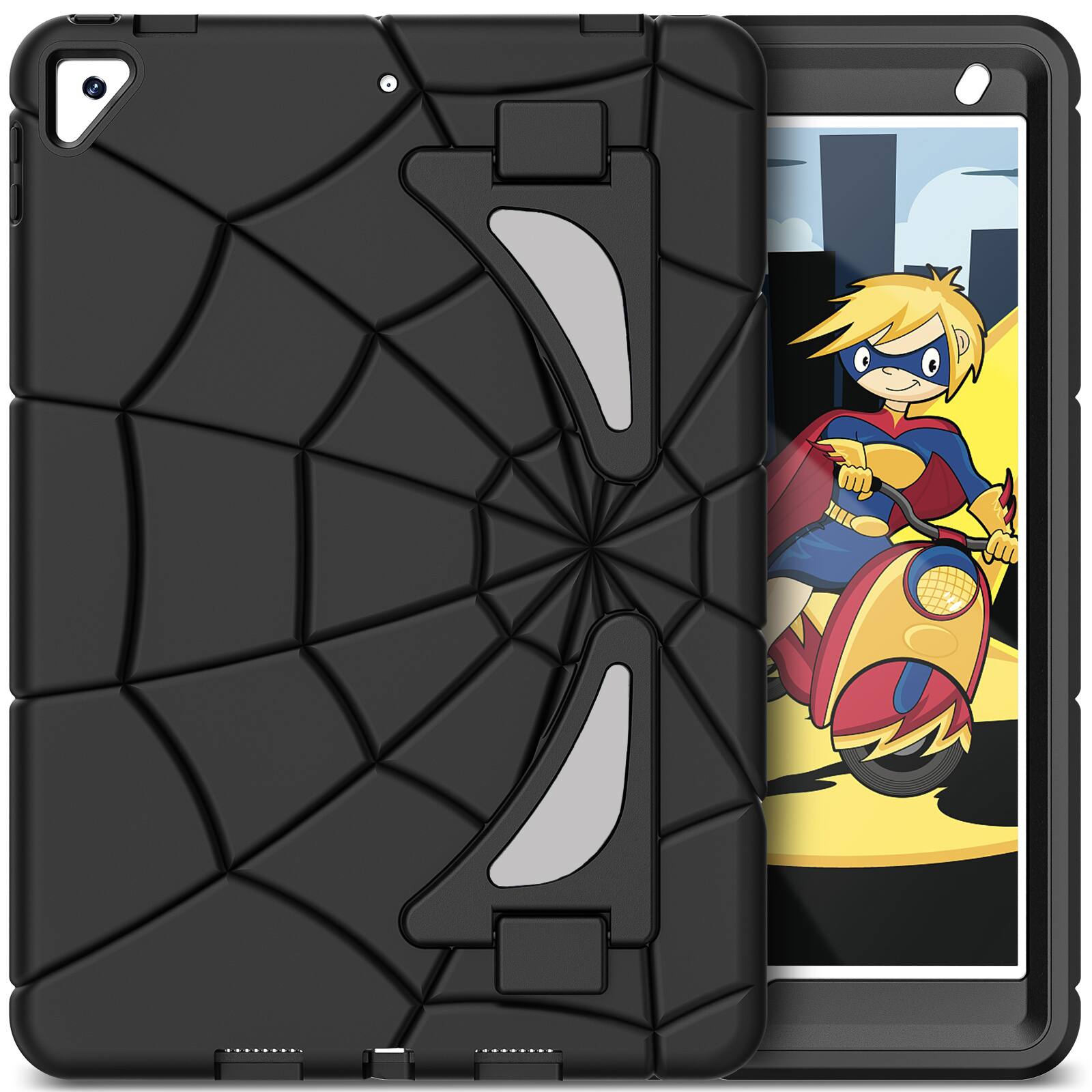 Angle. Dteck - Rugged Case for Apple iPad (9th Generation) 10.2" 2021, Shockproof Dual-Layer Cover Built-In Kickstand and Pencil Holder - Black.