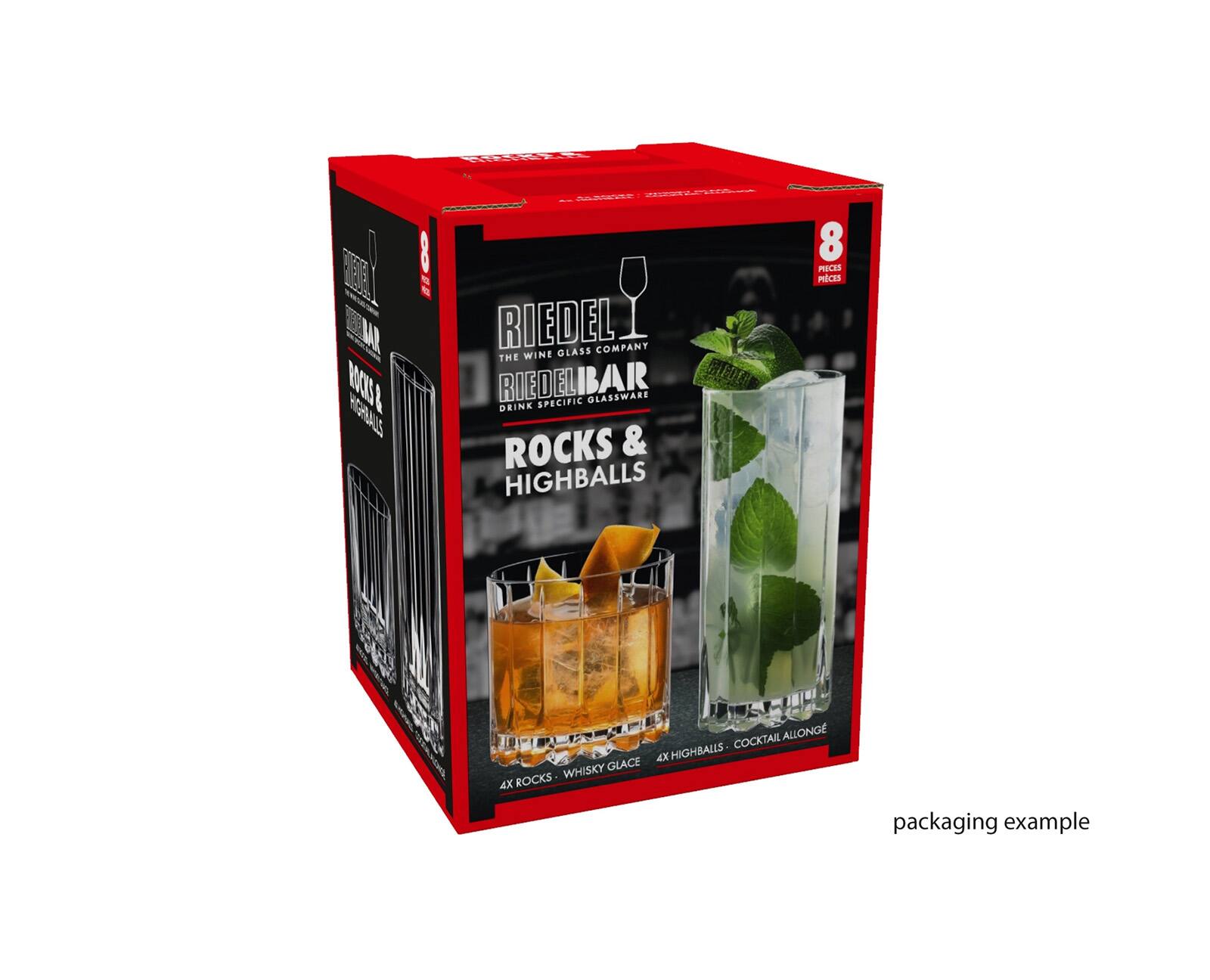 R E W MCS l RGPBAUS 8 MAMEAT RIEDEL COMPANY THE WINE GLASS RIEDELBAR MOA SPECIFIC GLASSWARE DRINK ROCKS & HIGHBALLS 8 PIECES COCKTAIL ALLONGE COCKTAIL ALLONGE 4X HIGHBALLS WHISKY GLACE 4X ROCKS packaging example