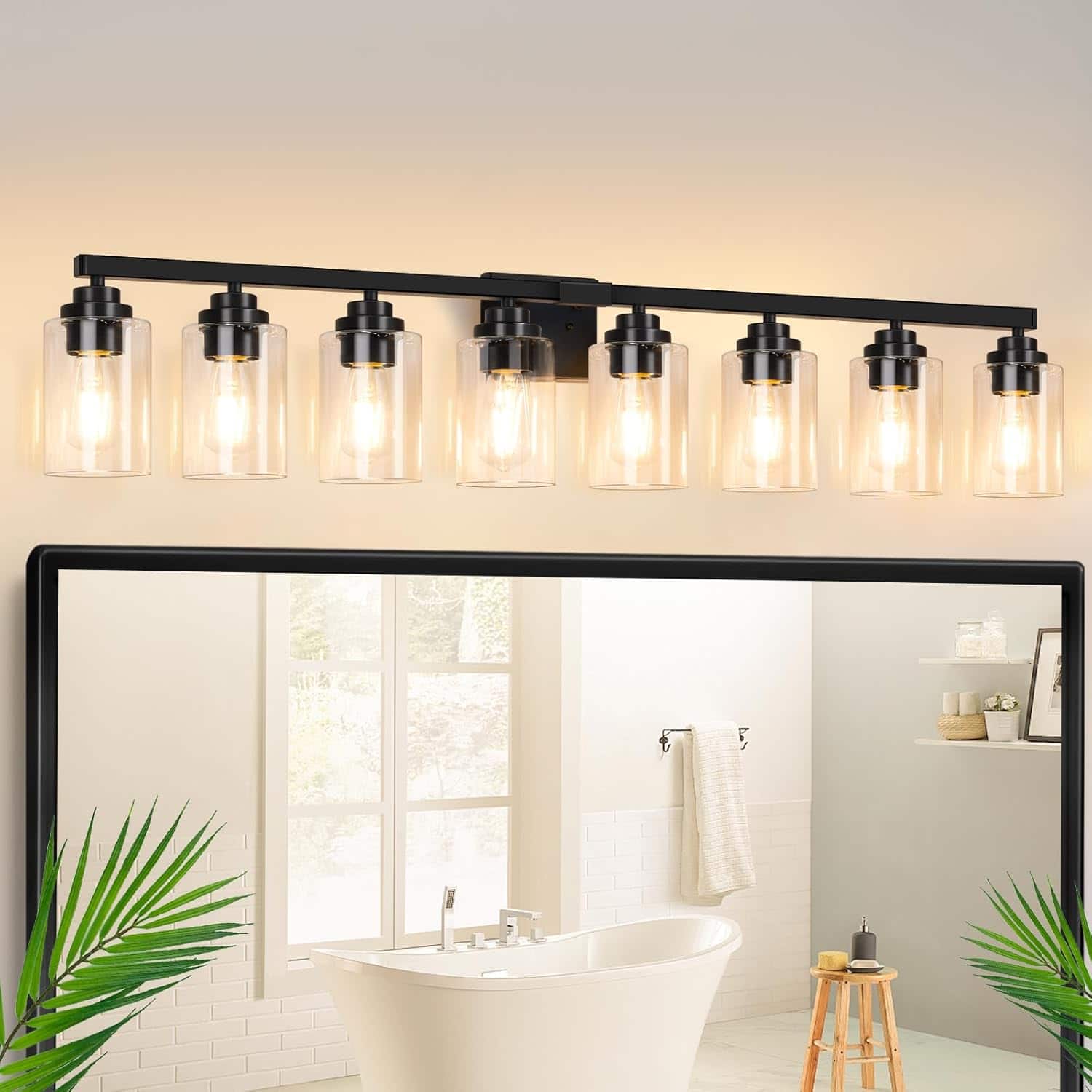 Nordic Hygge - 8-Light Bathroom Light Fixtures, 51" Modern Vanity Lights Over Mirror with Clear Glass Shades, Matte Light - Black