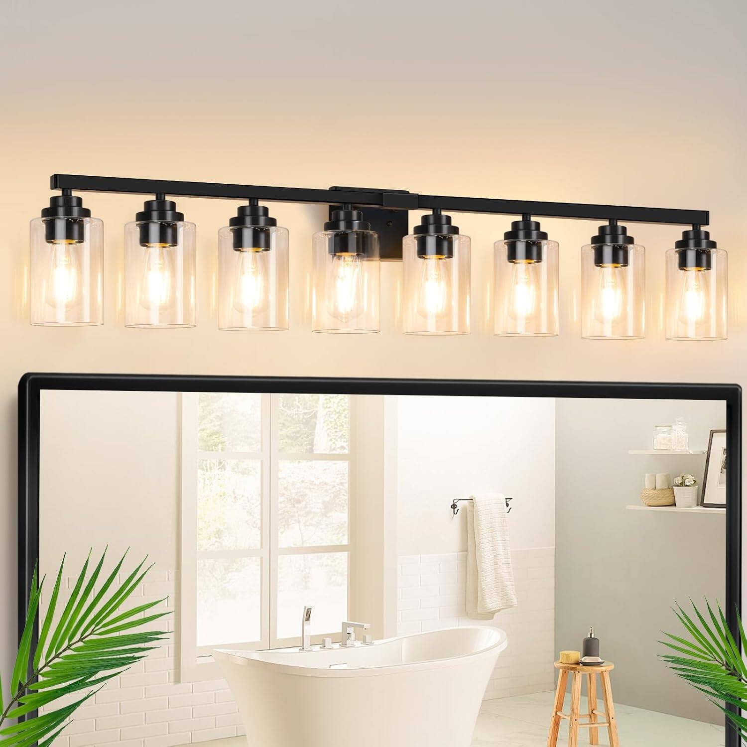 Front. Nordic Hygge - 8-Light Bathroom Light Fixtures, 51" Modern Vanity Lights Over Mirror with Clear Glass Shades, Matte Black Light - Black.