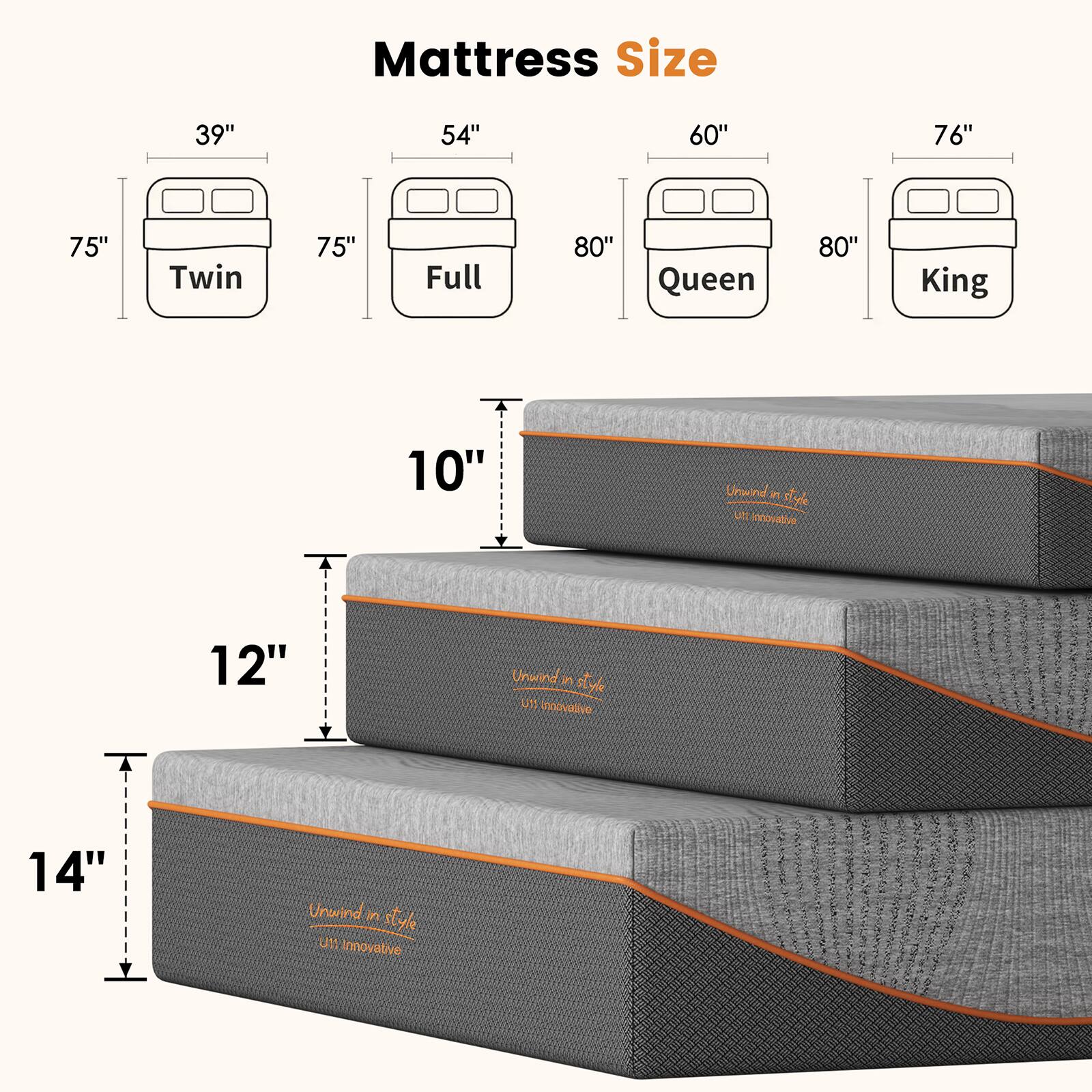 Mattress Size

- Twin: 39" x 75"
- Full: 54" x 75"
- Queen: 60" x 80"
- King: 76" x 80"

Thickness:
- 10"
- 12"
- 14"

Innovative
Unwind in style